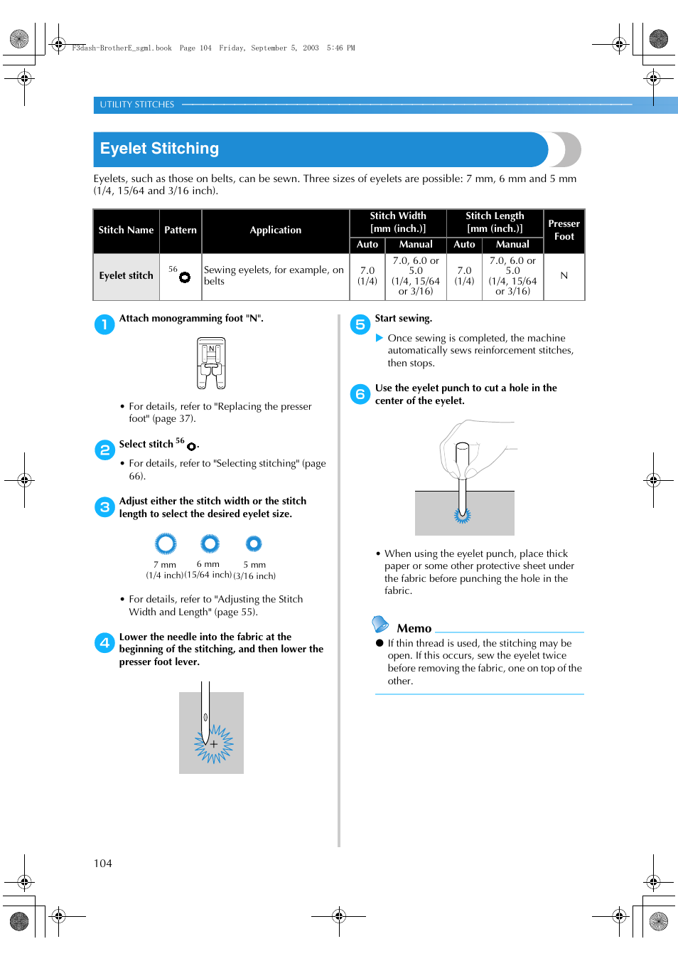 Eyelet stitching | Brother NX 600 User Manual | Page 110 / 160