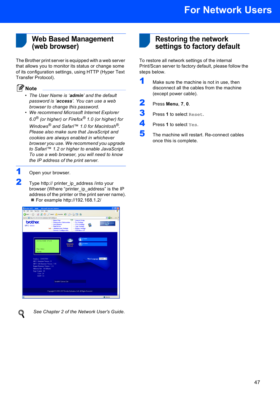 Web based management (web browser), Restoring the network settings to factory default, For network users | Brother MFC 9840CDW User Manual | Page 49 / 53