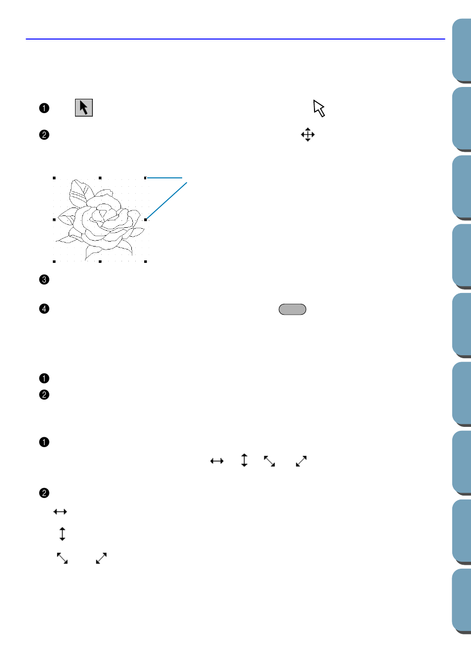 Selection mode, Selecting patterns, Moving patterns | Scaling patterns, Selecting patterns 1, Moving patterns 1, Scaling patterns 1 | Brother PE-DESIGN Ver.432 User Manual | Page 64 / 200