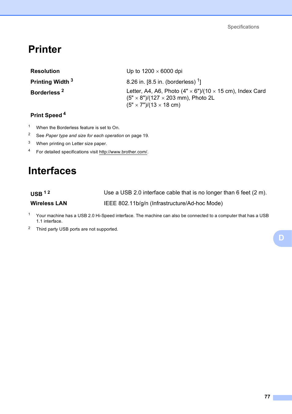 Printer, Interfaces, Printer interfaces | Brother DCP-J152W User Manual | Page 89 / 95