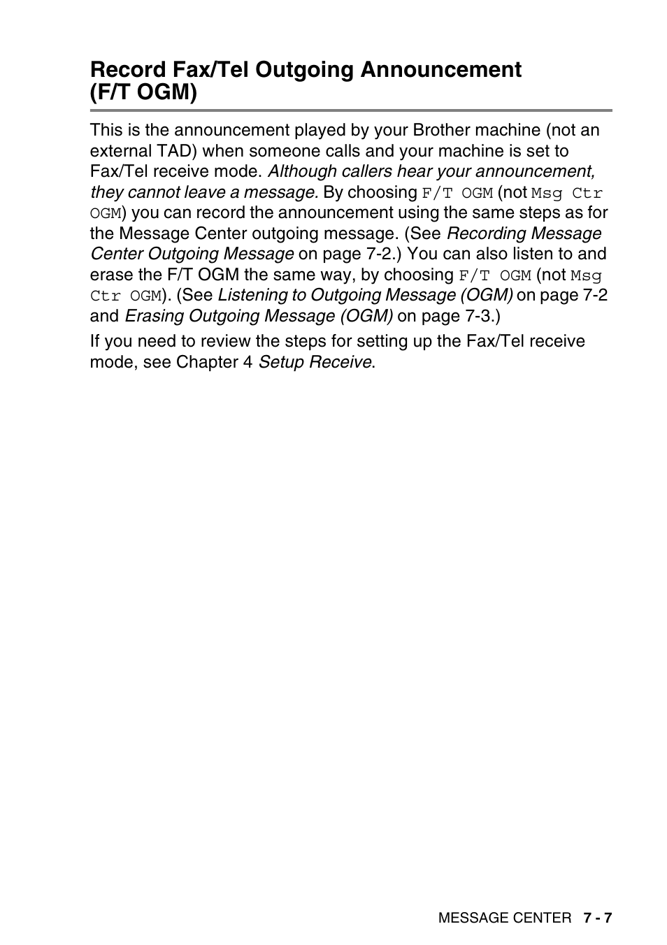 Record fax/tel outgoing announcement (f/t ogm), Record fax/tel outgoing announcement, F/t ogm) -7 | Brother MFC-640CW User Manual | Page 103 / 225