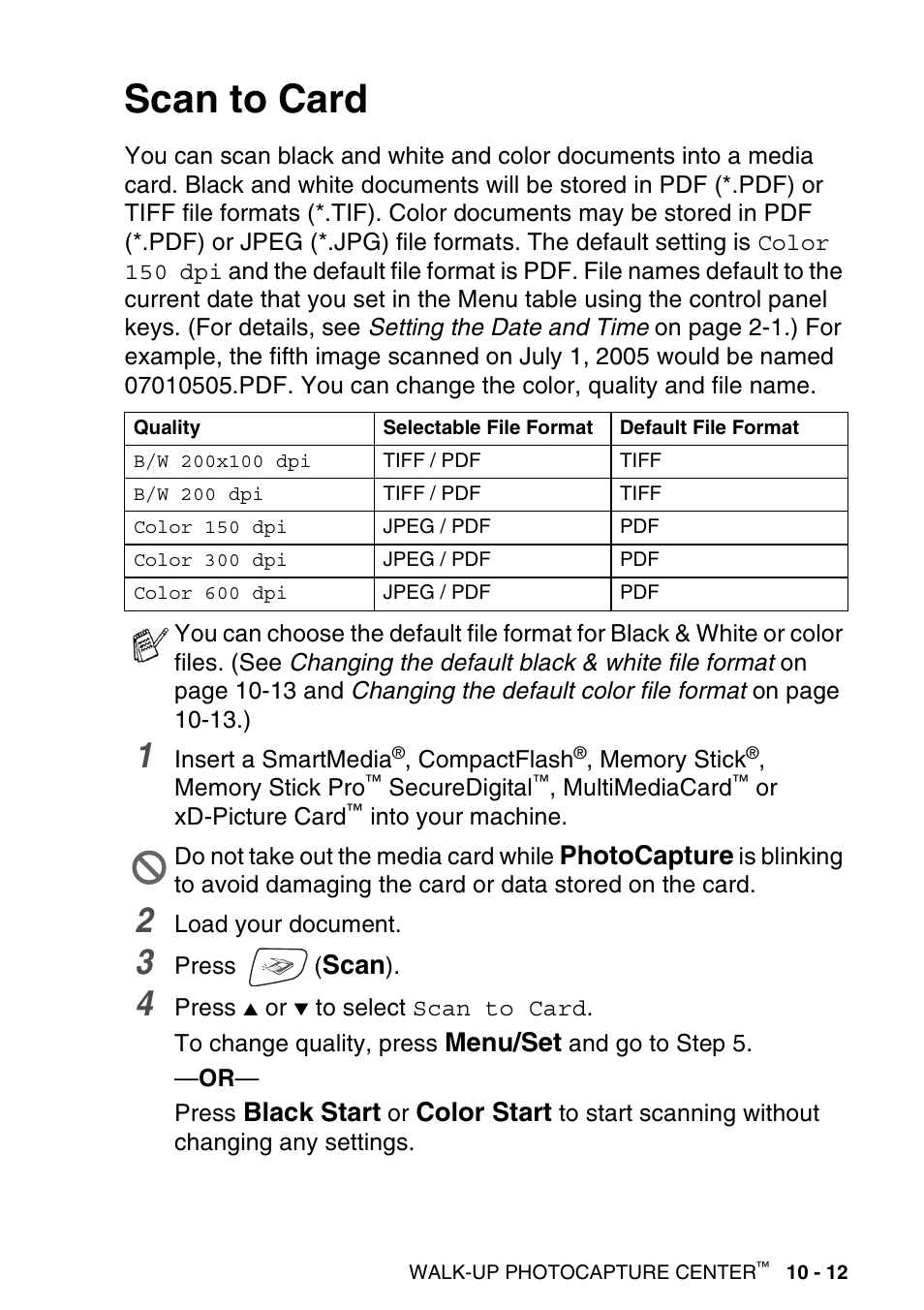 Scan to card, Scan to card -12, Scan | Menu/set, Black start, Color start, Photocapture | Brother MFC-640CW User Manual | Page 133 / 225