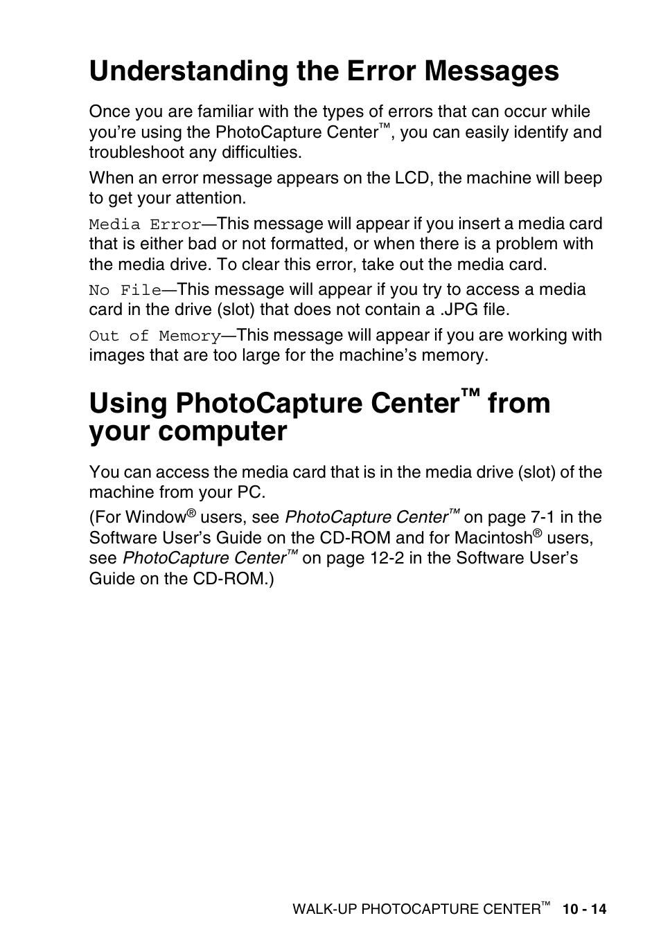 Understanding the error messages, Using photocapture center™ from your computer, From your computer -14 | Using photocapture center | Brother MFC-640CW User Manual | Page 135 / 225