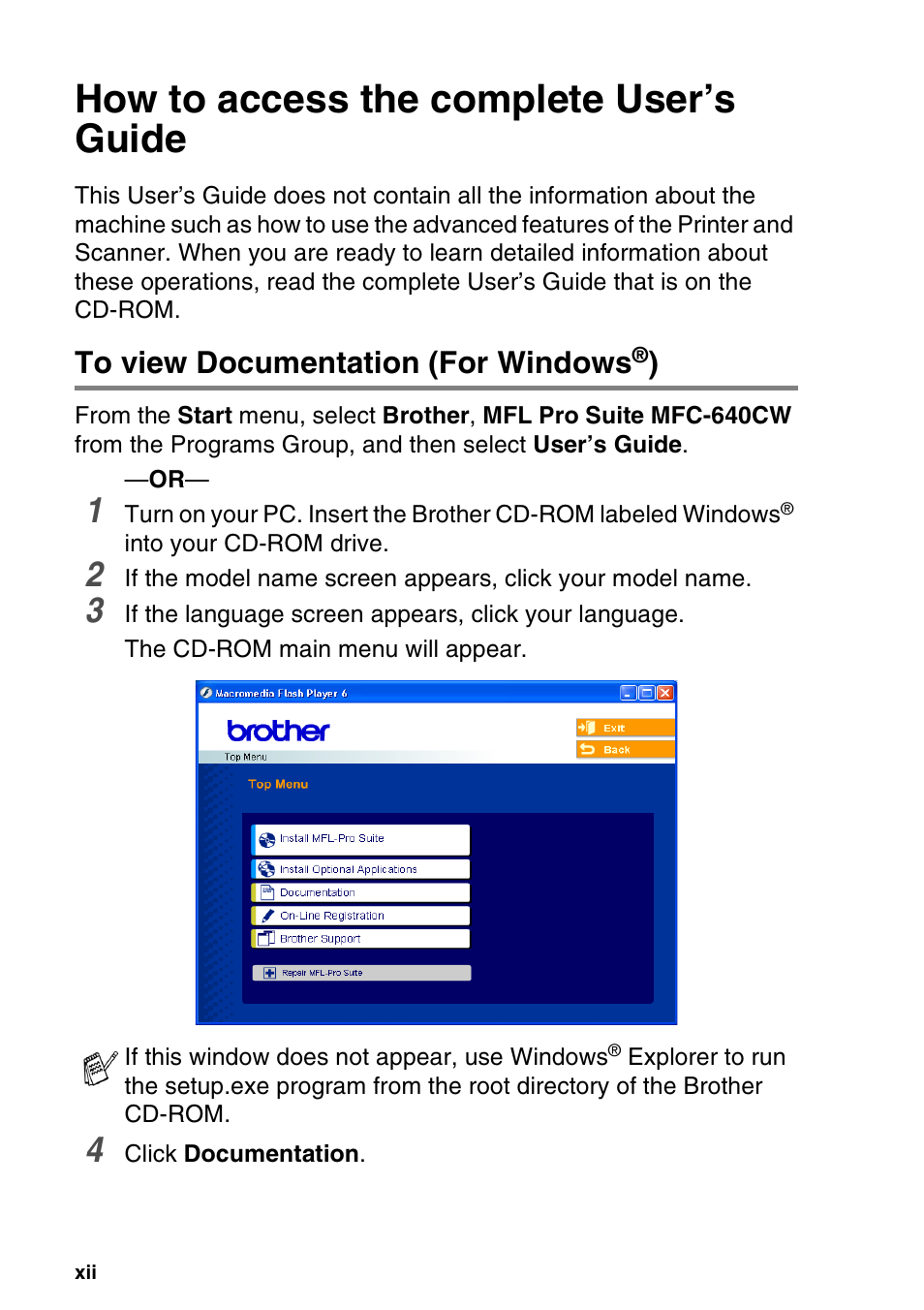 How to access the complete user’s guide, To view documentation (for windows®) | Brother MFC-640CW User Manual | Page 14 / 225