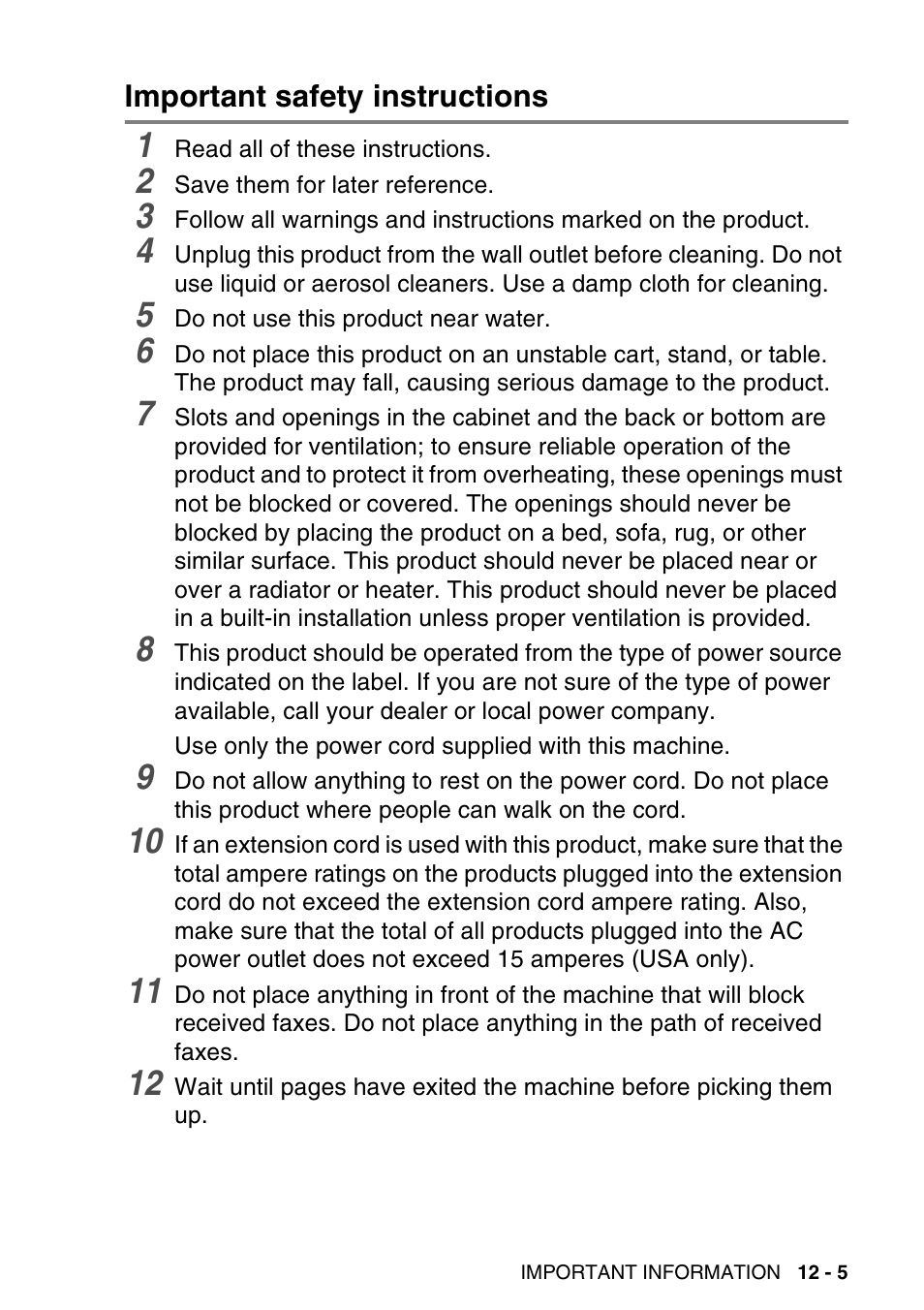 Important safety instructions, Important safety instructions -5 | Brother MFC-640CW User Manual | Page 141 / 225