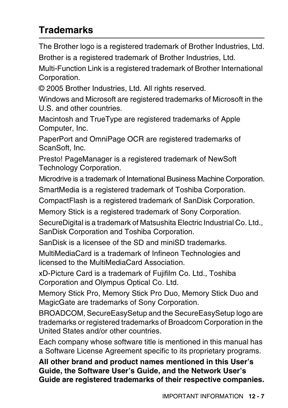 Trademarks, Trademarks -7 | Brother MFC-640CW User Manual | Page 143 / 225