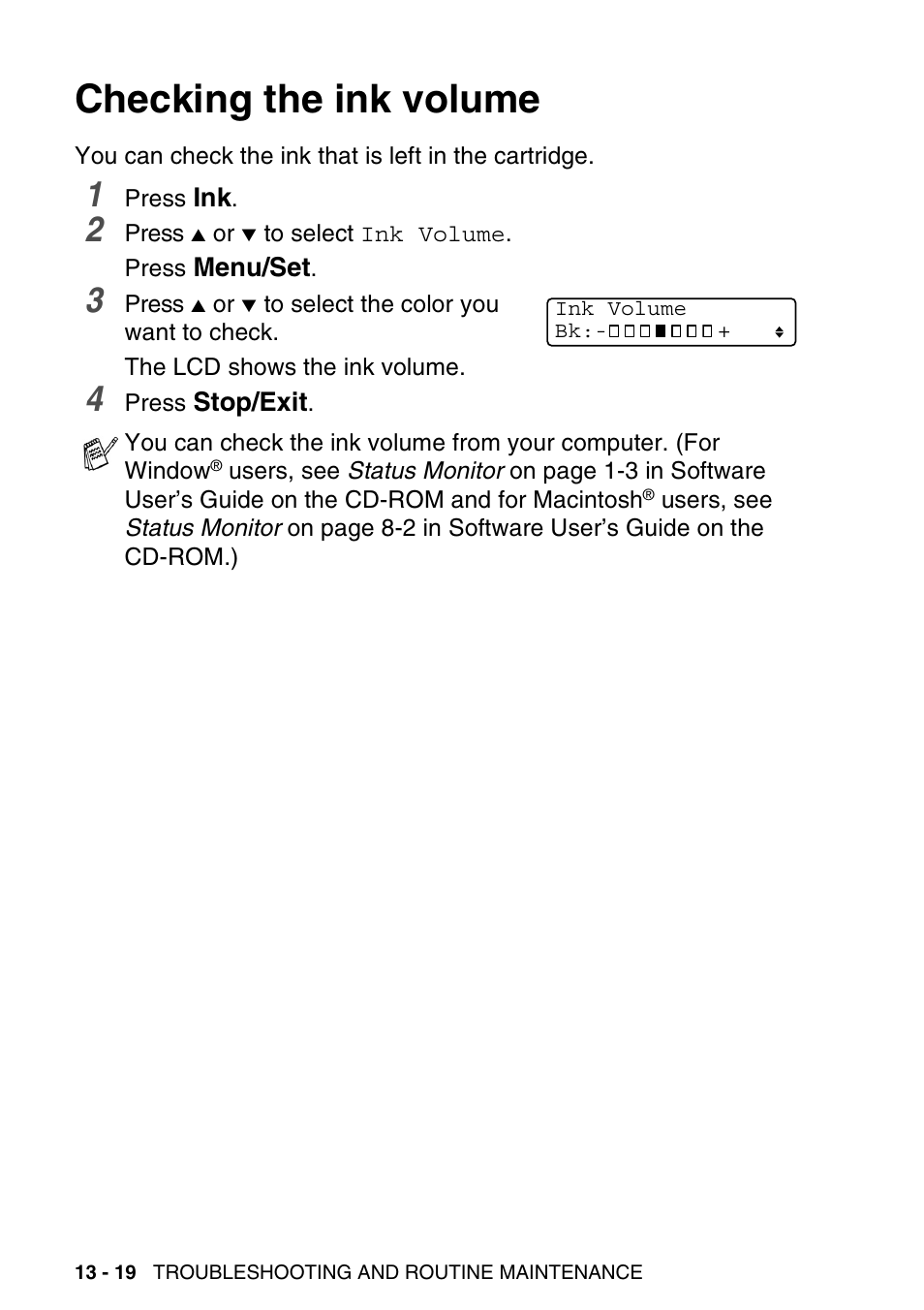 Checking the ink volume, Checking the ink volume -19 | Brother MFC-640CW User Manual | Page 162 / 225