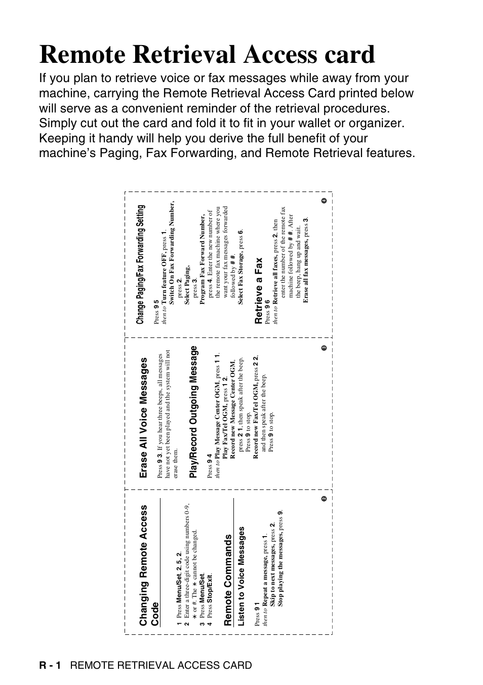 Remote retrieval access card, R - 1 remote retrieval access card, Erase all voice messages | Play/record outgoing message, Change paging/fax forwarding setting, Retrieve a fax, Changing remote access code, Remote commands | Brother MFC-640CW User Manual | Page 222 / 225