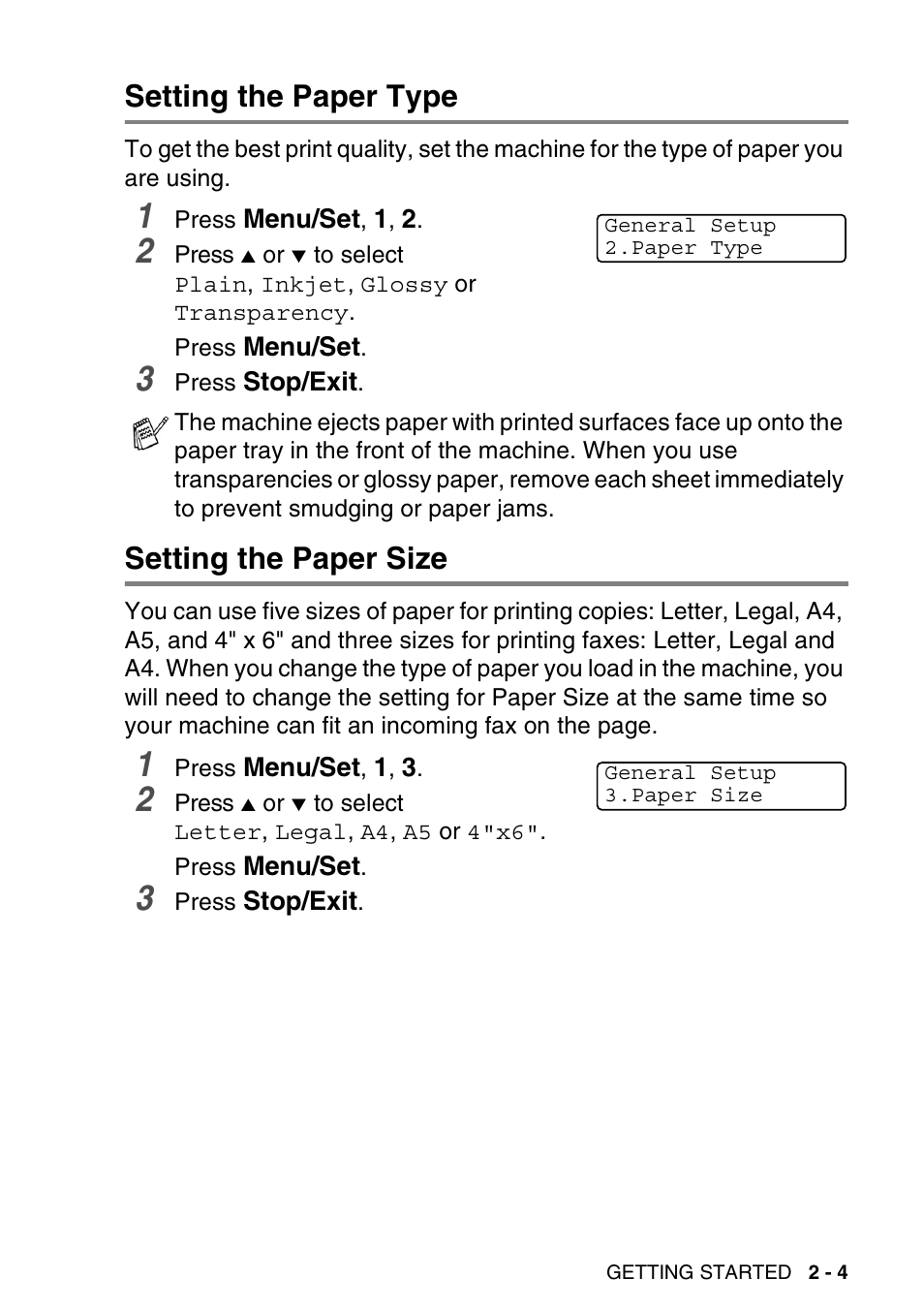 Setting the paper type, Setting the paper size | Brother MFC-640CW User Manual | Page 49 / 225