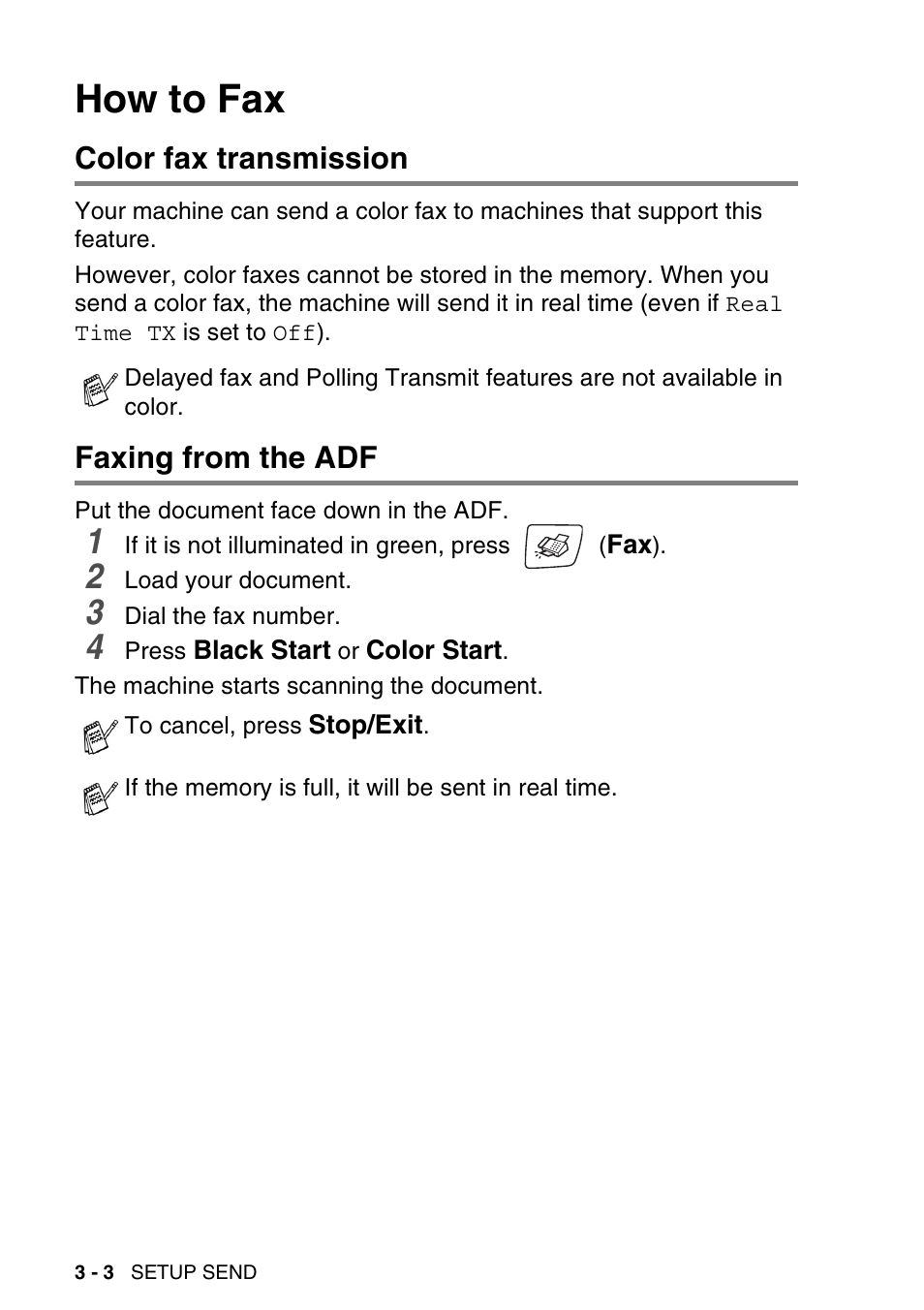 How to fax, Color fax transmission, Faxing from the adf | How to fax -3, Color fax transmission -3 faxing from the adf -3 | Brother MFC-640CW User Manual | Page 58 / 225