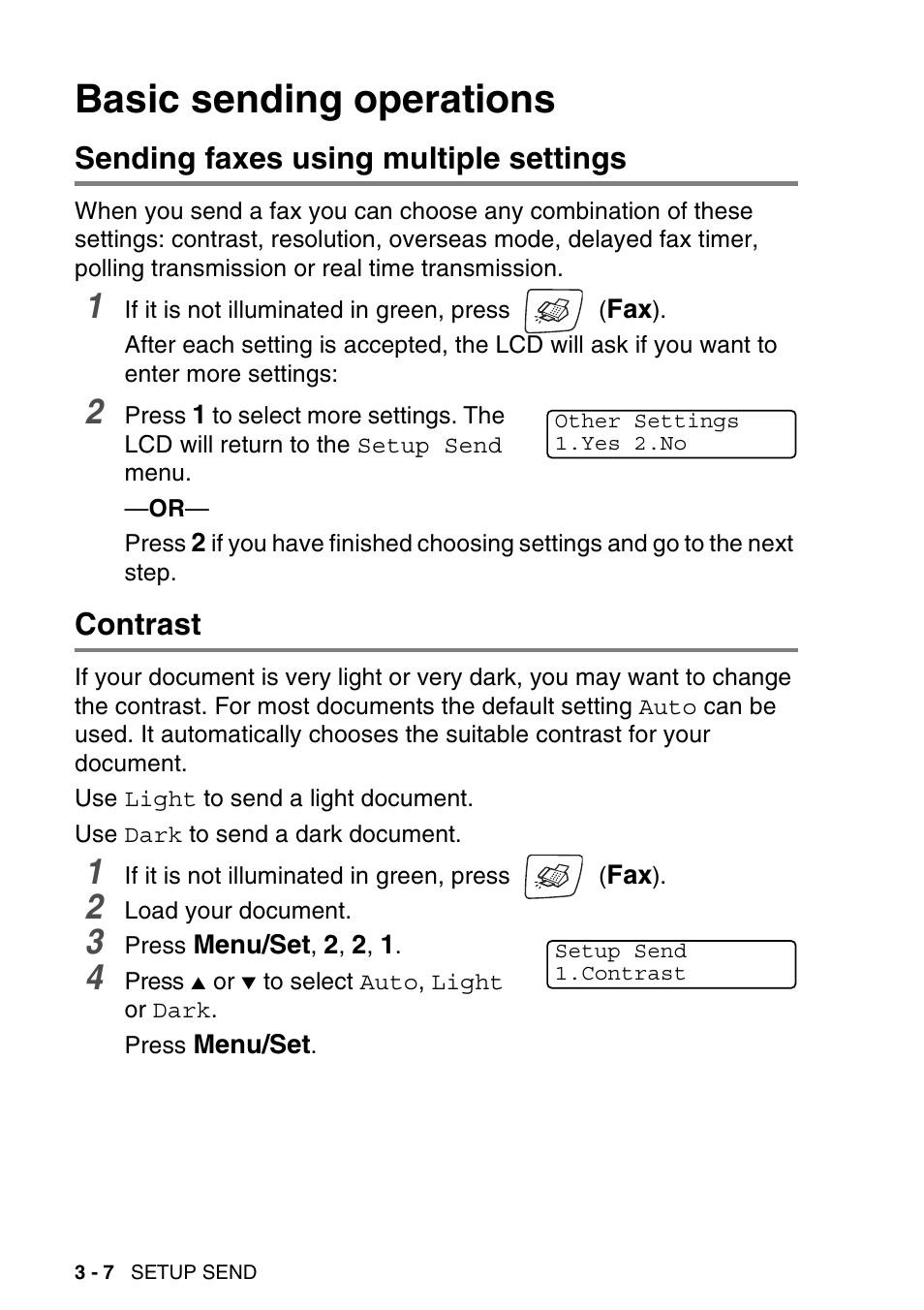 Basic sending operations, Sending faxes using multiple settings, Contrast | Basic sending operations -7 | Brother MFC-640CW User Manual | Page 62 / 225