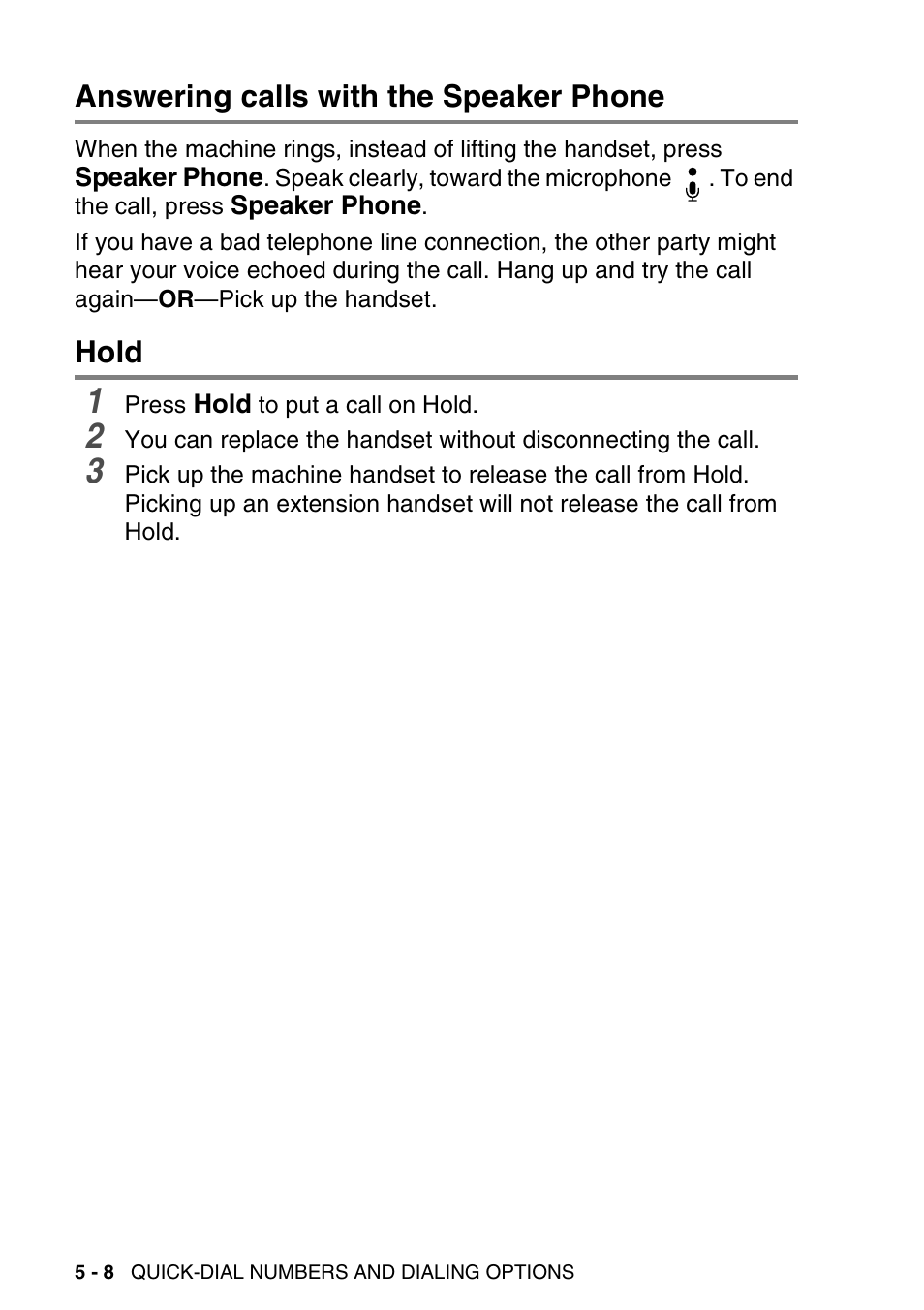 Answering calls with the speaker phone, Hold, Answering calls with the speaker phone -8 hold -8 | Brother MFC-640CW User Manual | Page 86 / 225