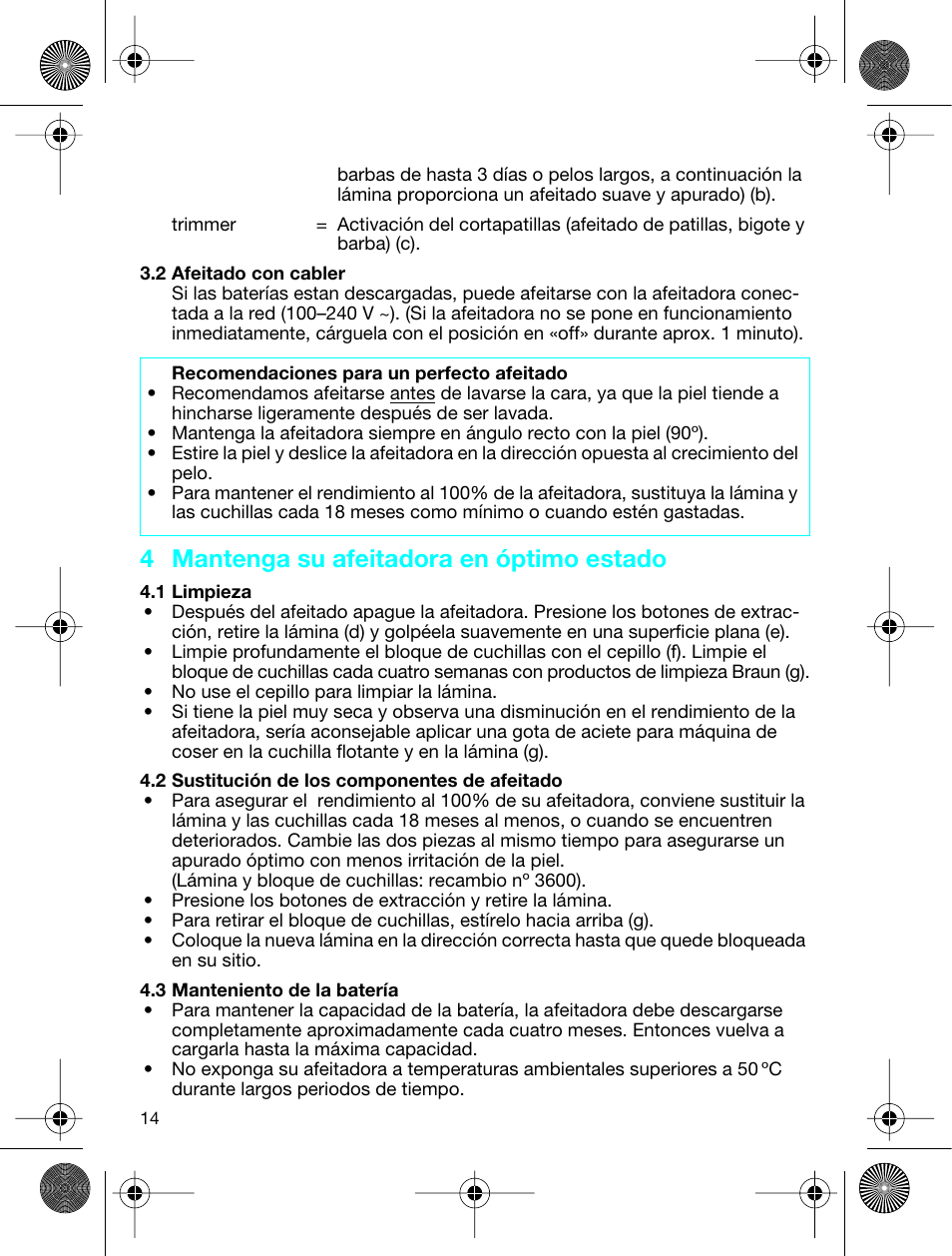 4 mantenga su afeitadora en óptimo estado | Braun 3773 InterFace Excel User Manual | Page 14 / 50