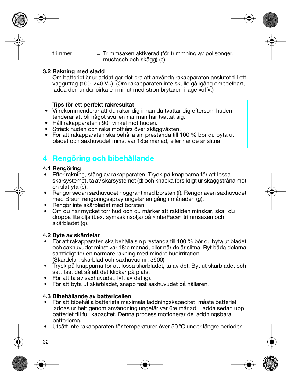 4 rengöring och bibehållande | Braun 3773 InterFace Excel User Manual | Page 32 / 50