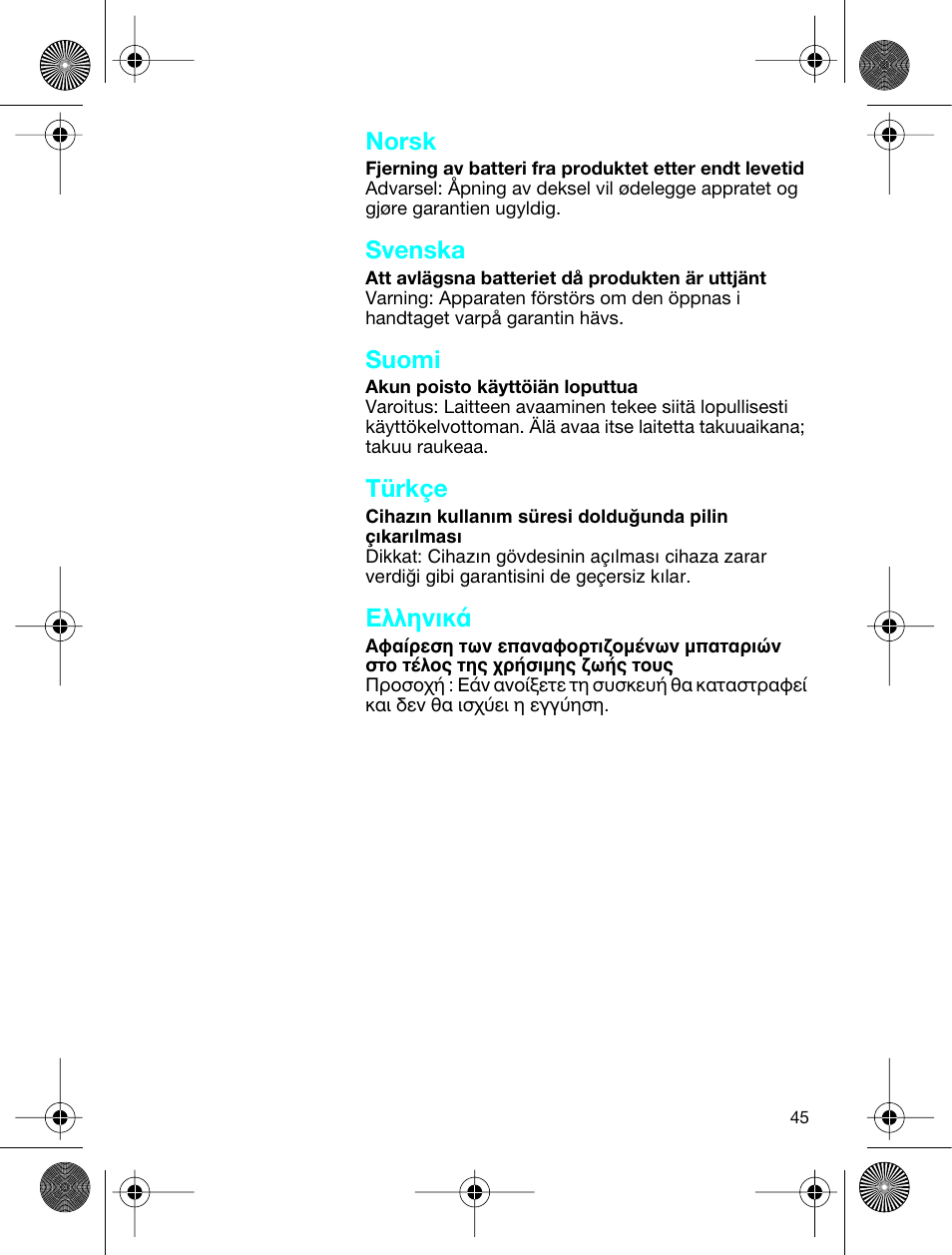 Norsk, Svenska, Suomi | Türkçe, Eïïëóèî | Braun 3773 InterFace Excel User Manual | Page 45 / 50