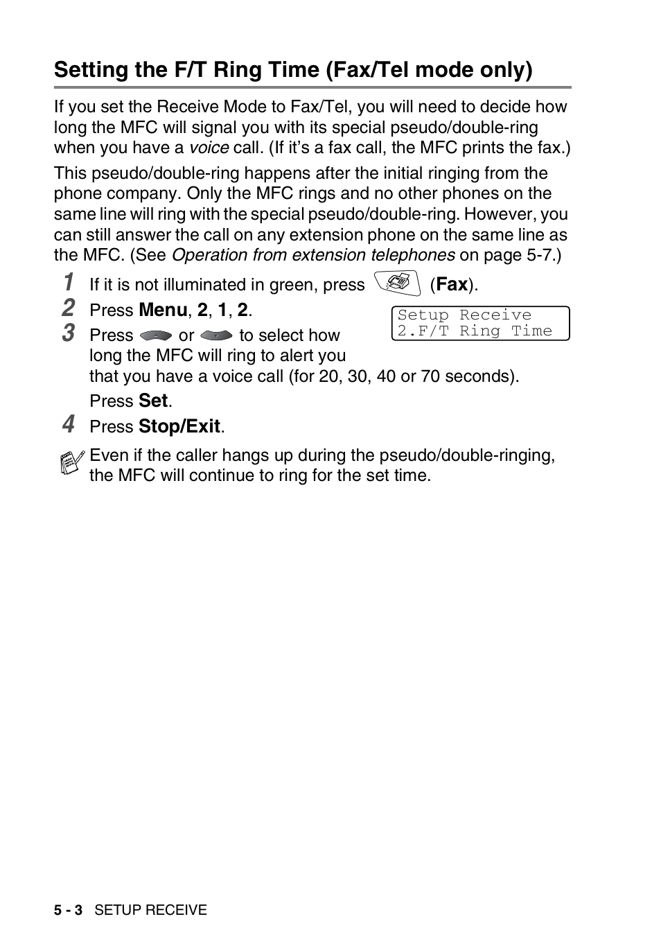 Setting the f/t ring time (fax/tel mode only), Setting the f/t ring time (fax/tel mode only) -3 | Brother MFC 8220 User Manual | Page 77 / 213