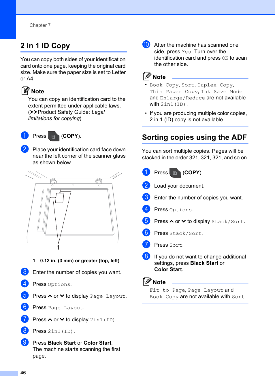 2 in 1 id copy, Sorting copies using the adf, 2 in 1 id copy sorting copies using the adf | 2 in 1 id copy uu | Brother MFC J5910DW User Manual | Page 52 / 87