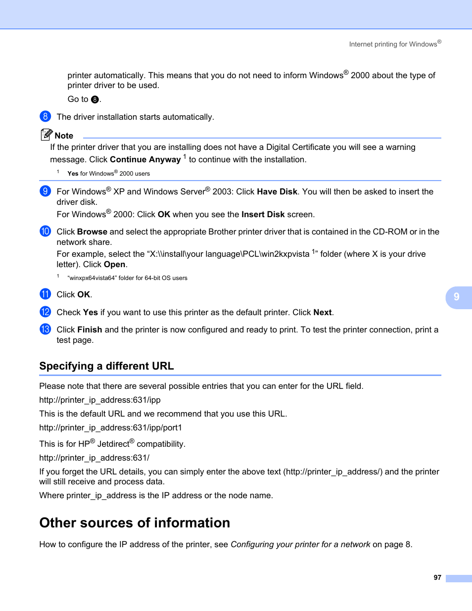 Specifying a different url, Other sources of information | Brother HL-2170W User Manual | Page 104 / 137