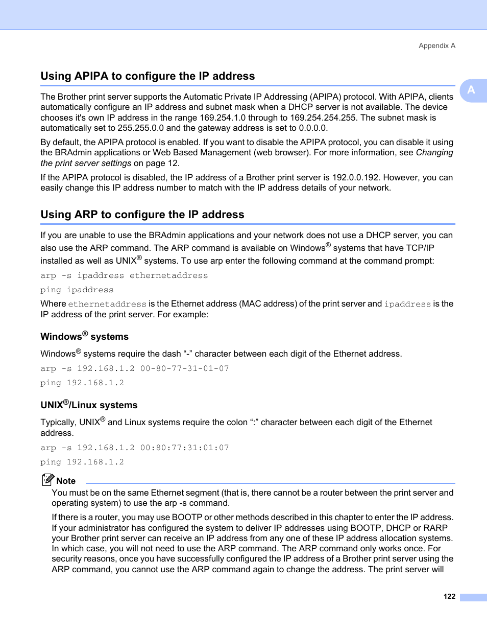 Using apipa to configure the ip address, Using arp to configure the ip address, Windows® systems | Unix®/linux systems, Ausing apipa to configure the ip address | Brother HL-2170W User Manual | Page 129 / 137