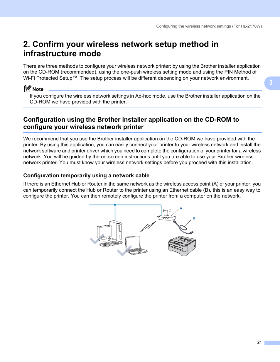 Configuration temporarily using a network cable, Network printer | Brother HL-2170W User Manual | Page 28 / 137