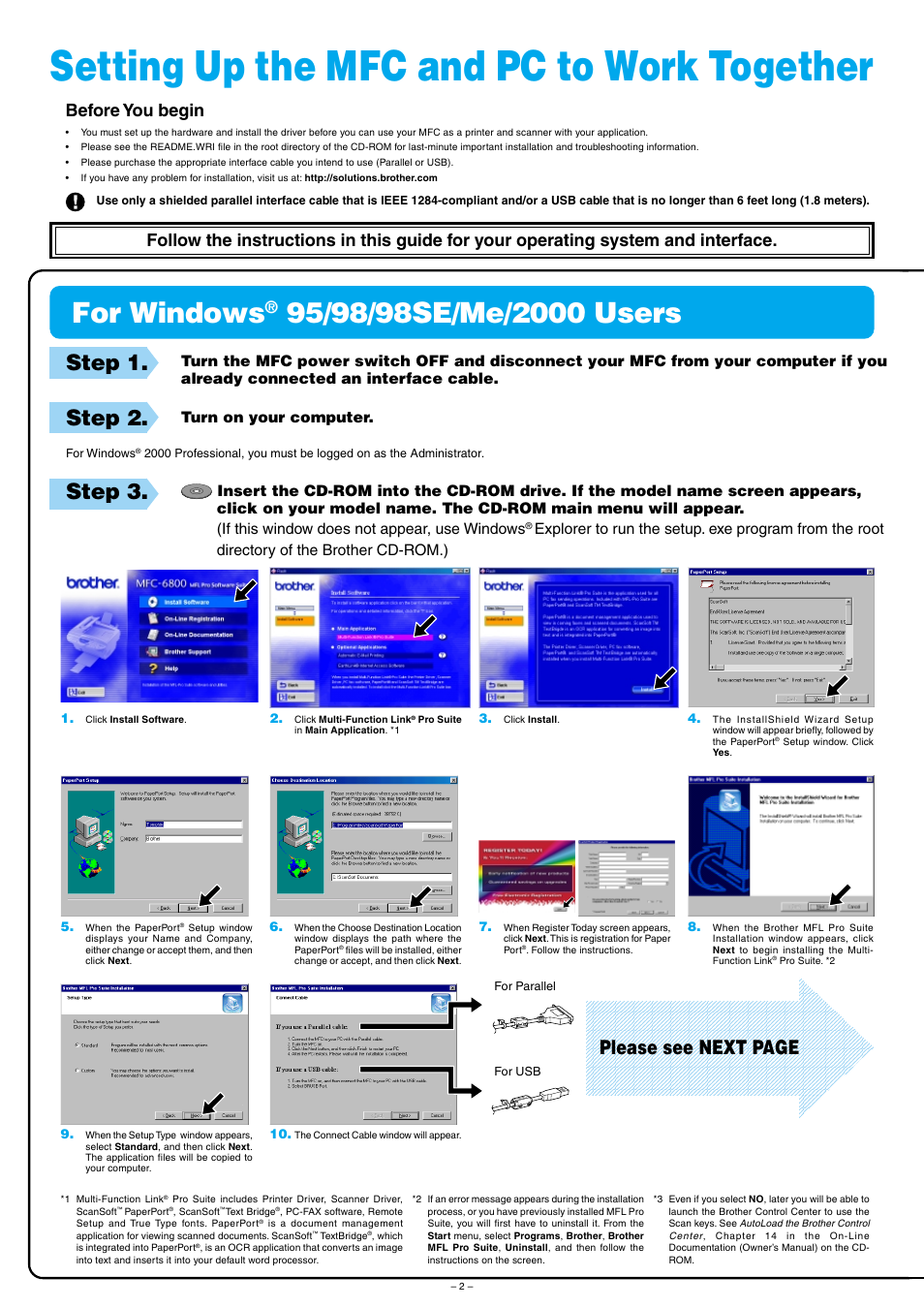 Setting up the mfc and pc to work together, For windows, Step 1 | Step 2, Step 3, Please see next page, Before you begin | Brother MFC-6800 User Manual | Page 2 / 4