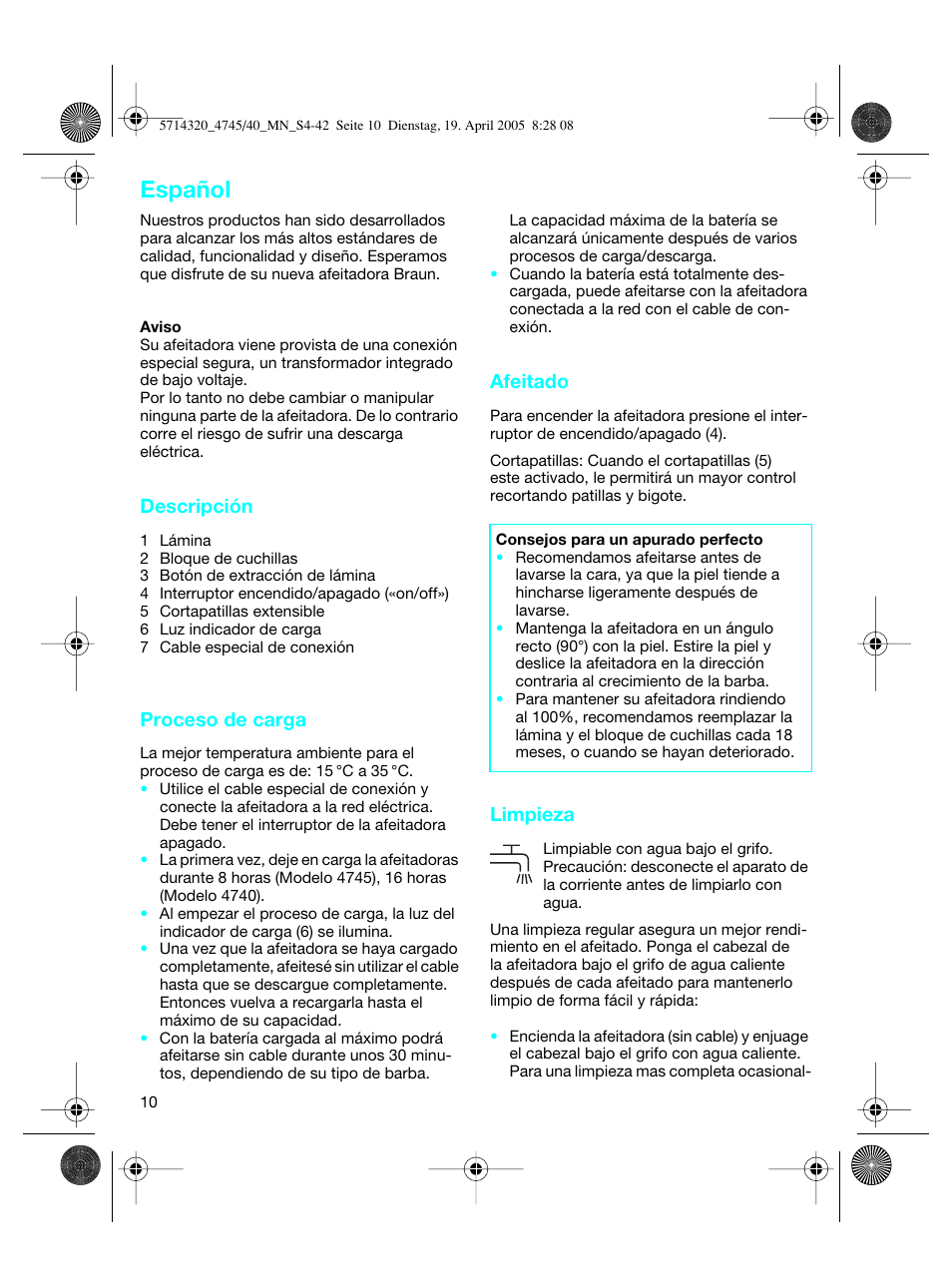 Español | Braun 4740 TriControl User Manual | Page 10 / 39