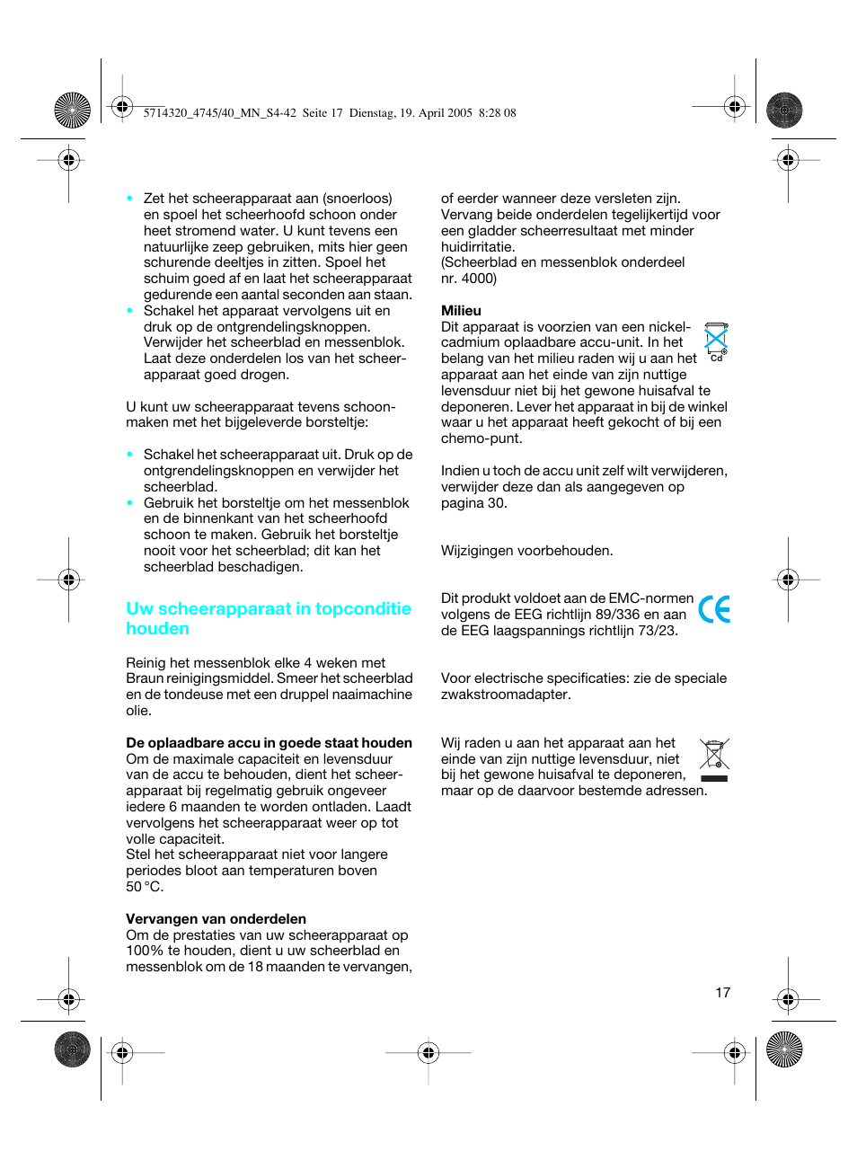 Uw scheerapparaat in topconditie houden | Braun 4740 TriControl User Manual | Page 17 / 39