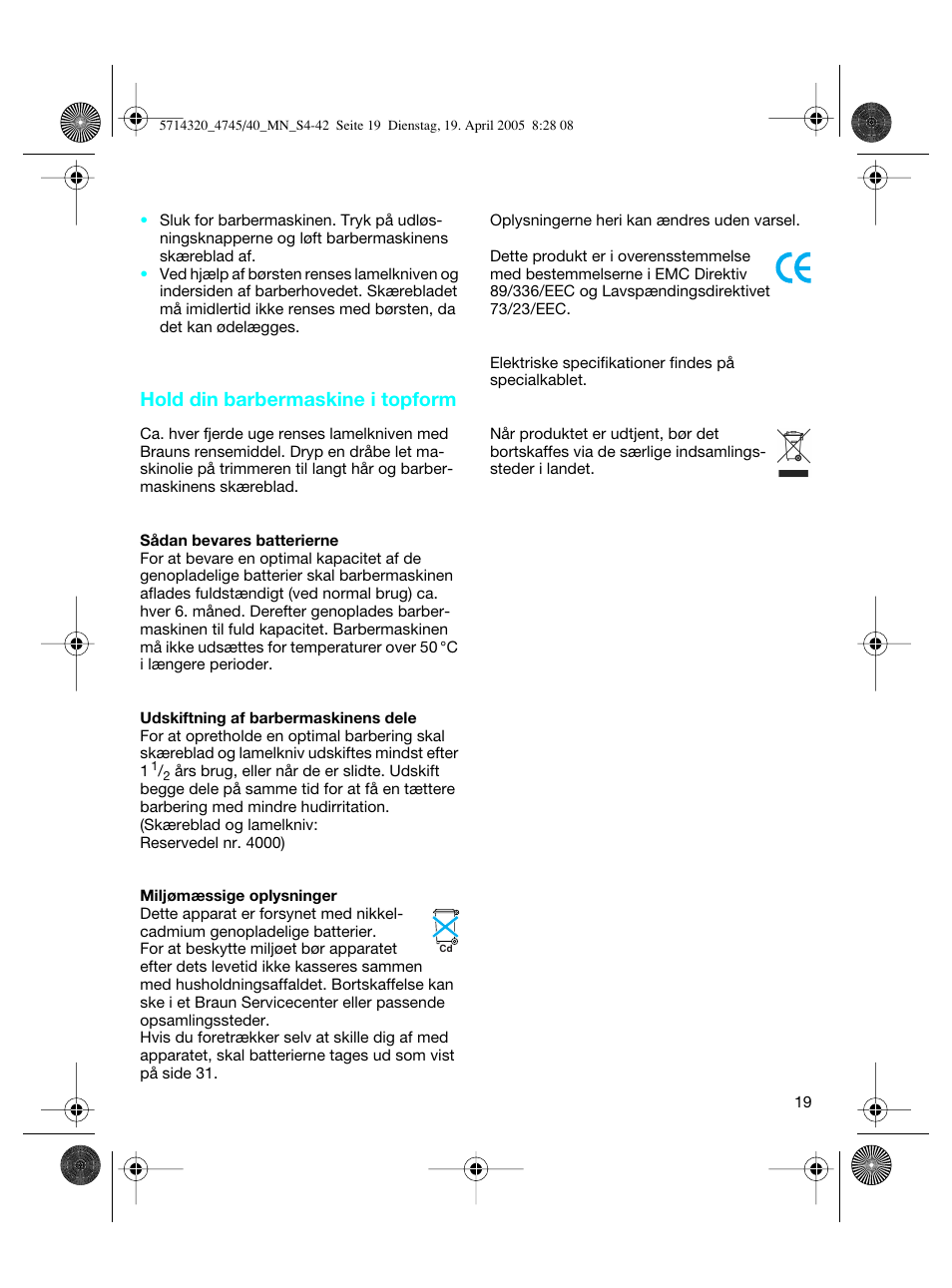 Hold din barbermaskine i topform | Braun 4740 TriControl User Manual | Page 19 / 39