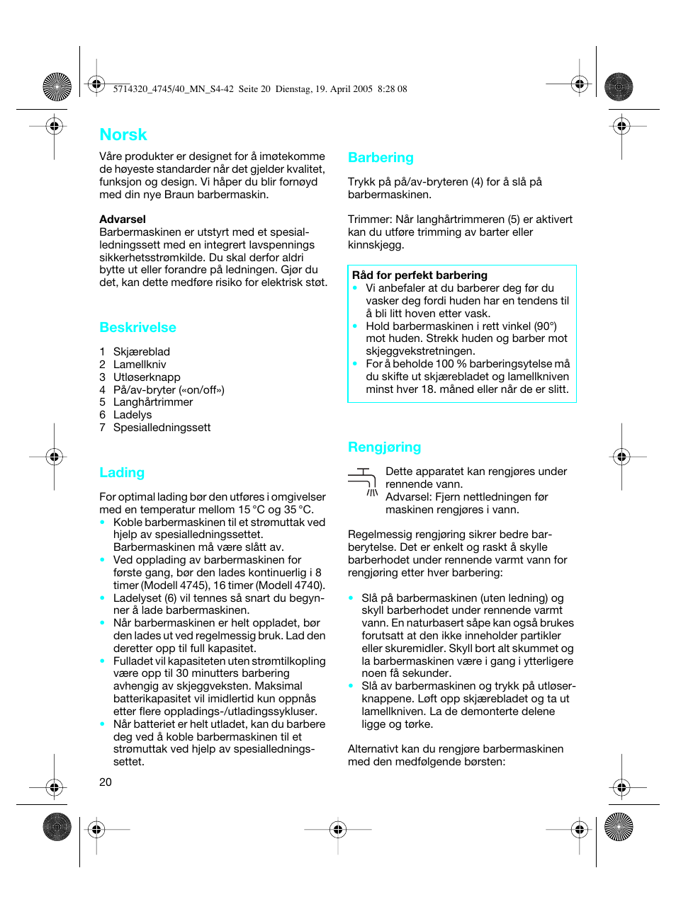 Norsk | Braun 4740 TriControl User Manual | Page 20 / 39