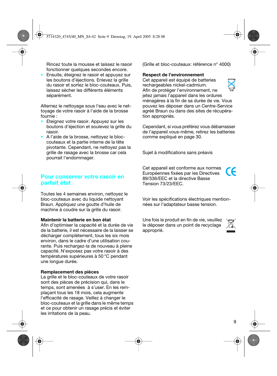Pour conserver votre rasoir en parfait état | Braun 4740 TriControl User Manual | Page 9 / 39