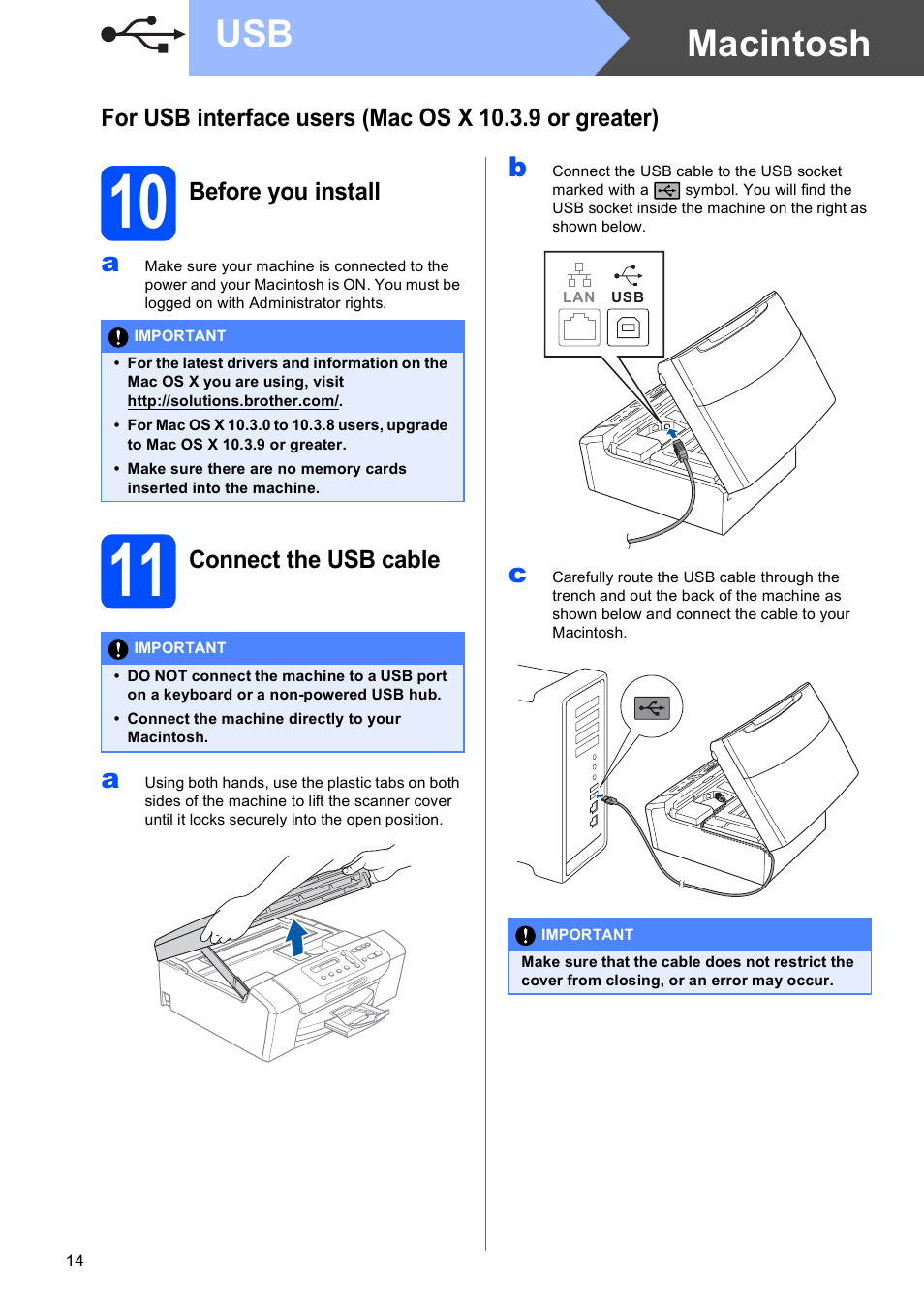 10 before you install, 11 connect the usb cable, Macintosh usb | Brother DCP-375CW User Manual | Page 14 / 42