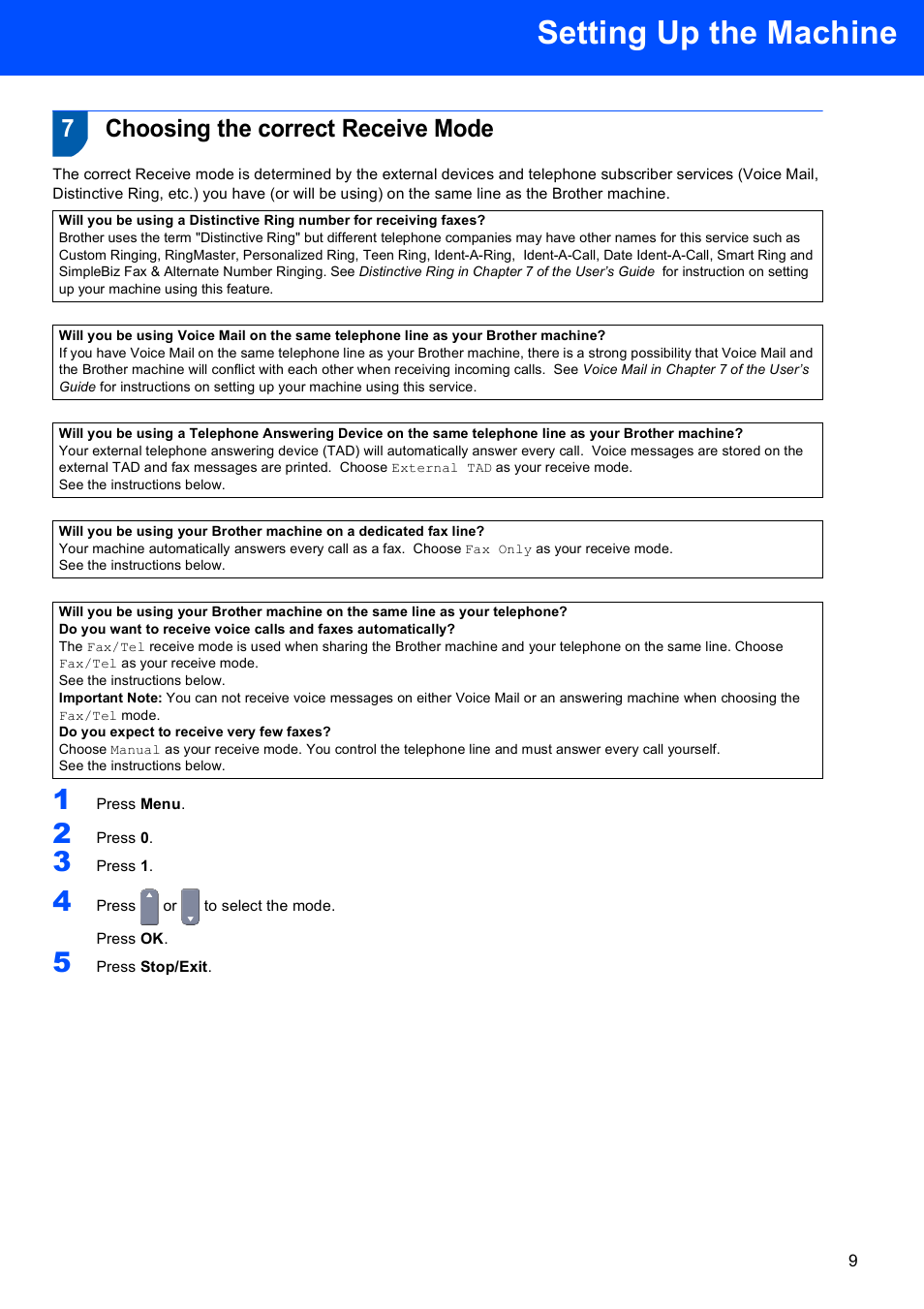 7 choosing the correct receive mode, Choosing the correct receive mode, Setting up the machine | 7choosing the correct receive mode | Brother MFC-9450CDN User Manual | Page 11 / 34