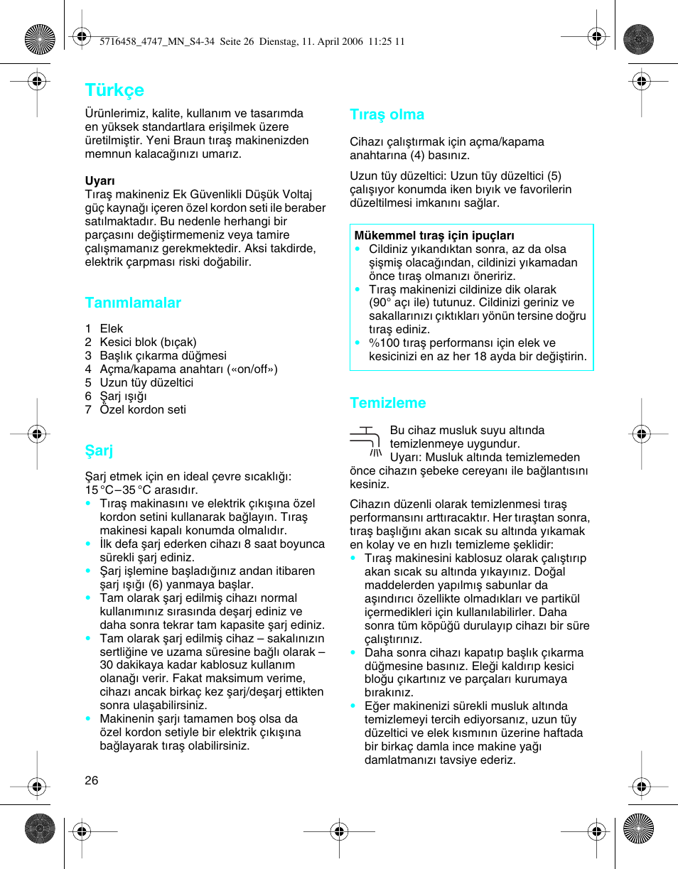 Türkçe, Tan∂mlamalar, Ωarj | T∂raµ olma, Temizleme | Braun 4747 TriControl S User Manual | Page 26 / 30