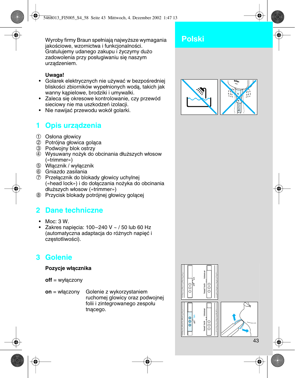 Polski, 1 opis urzàdzenia, 2 dane techniczne | 3 golenie | Braun 5005 Flex Integral User Manual | Page 43 / 54
