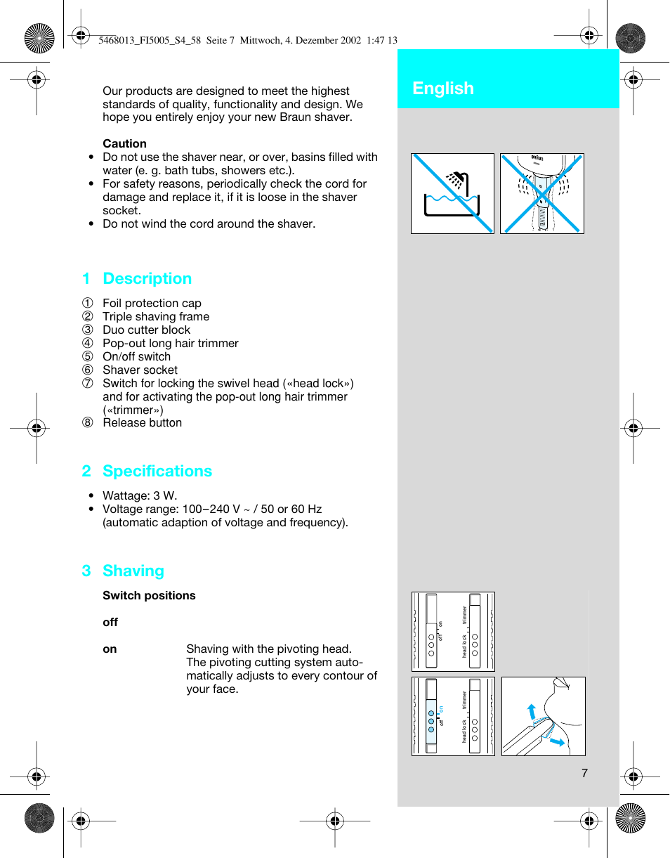 English, 1 description, 2 specifications | 3 shaving | Braun 5005 Flex Integral User Manual | Page 7 / 54