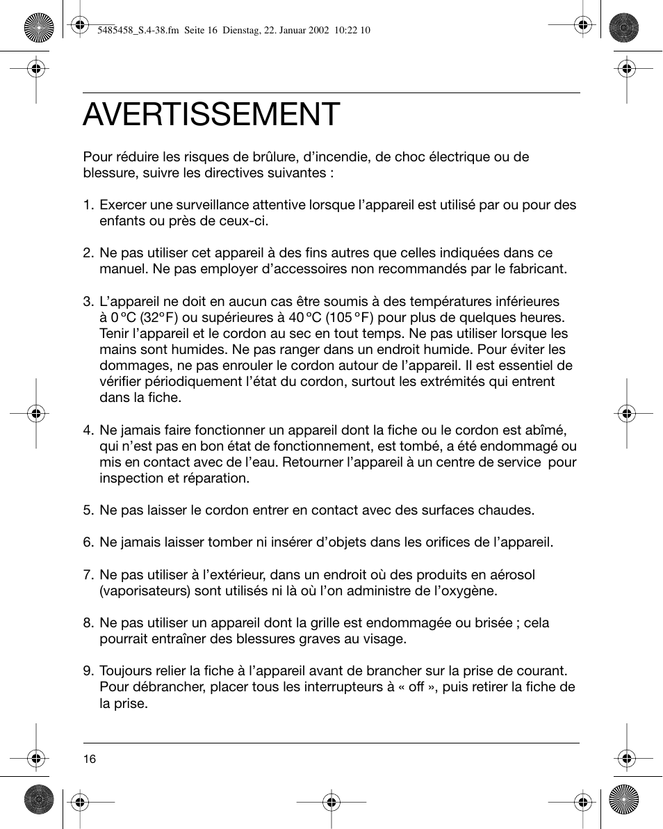 Avertissement | Braun 5441 Flex Integral System User Manual | Page 16 / 35