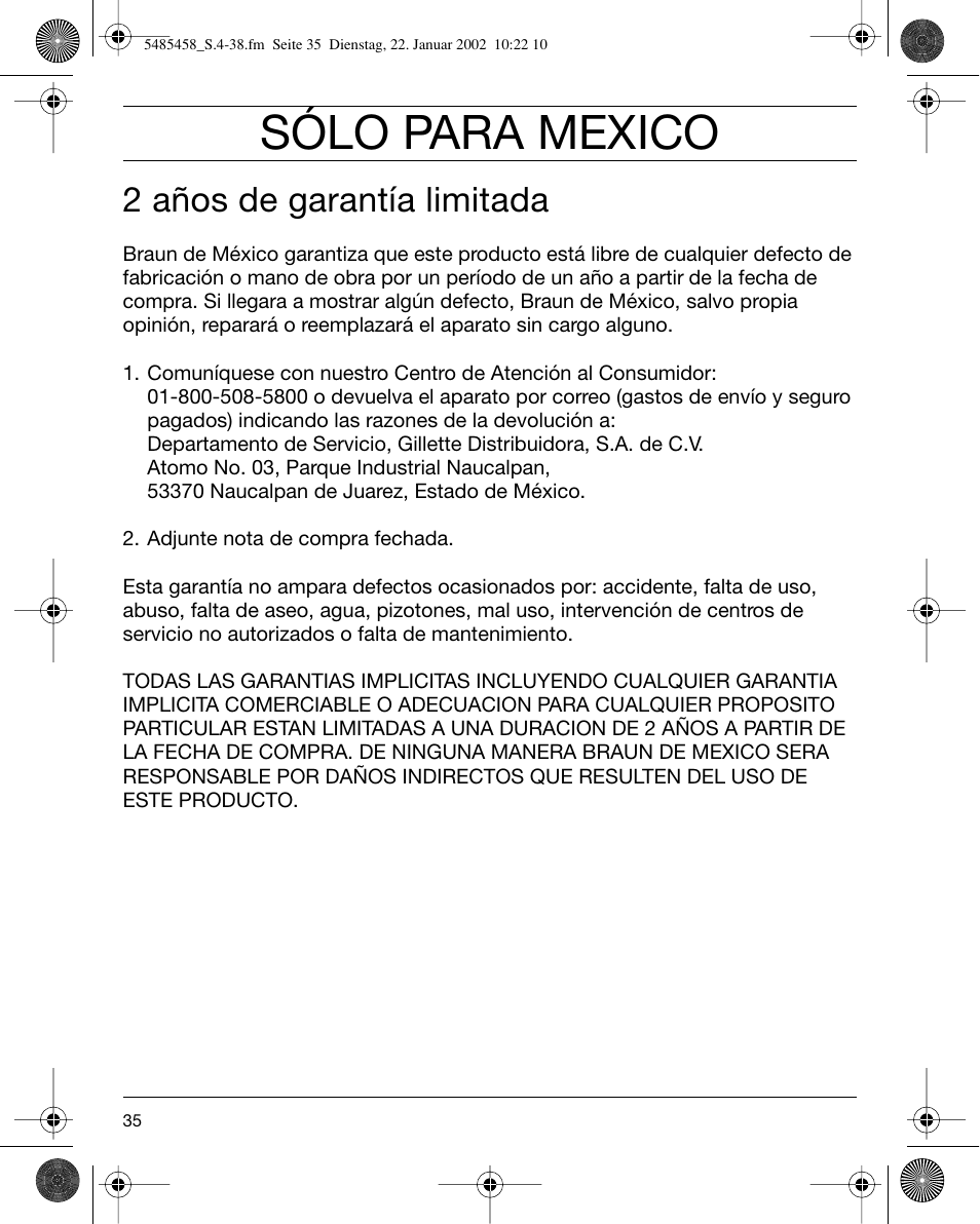 Sólo para mexico, 2 años de garantía limitada | Braun 5441 Flex Integral System User Manual | Page 35 / 35