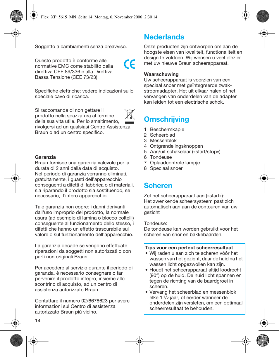 Omschrijving, Scheren, Nederlands | Braun 5615 Flex XP User Manual | Page 14 / 26