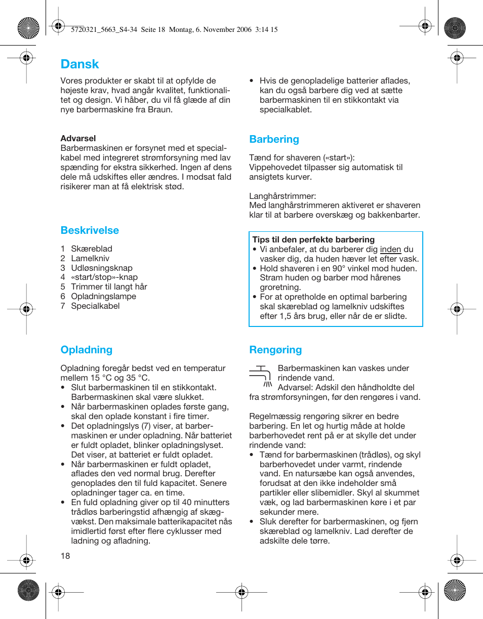 Dansk, Beskrivelse, Opladning | Barbering, Rengøring | Braun 5663 Flex XP User Manual | Page 18 / 33