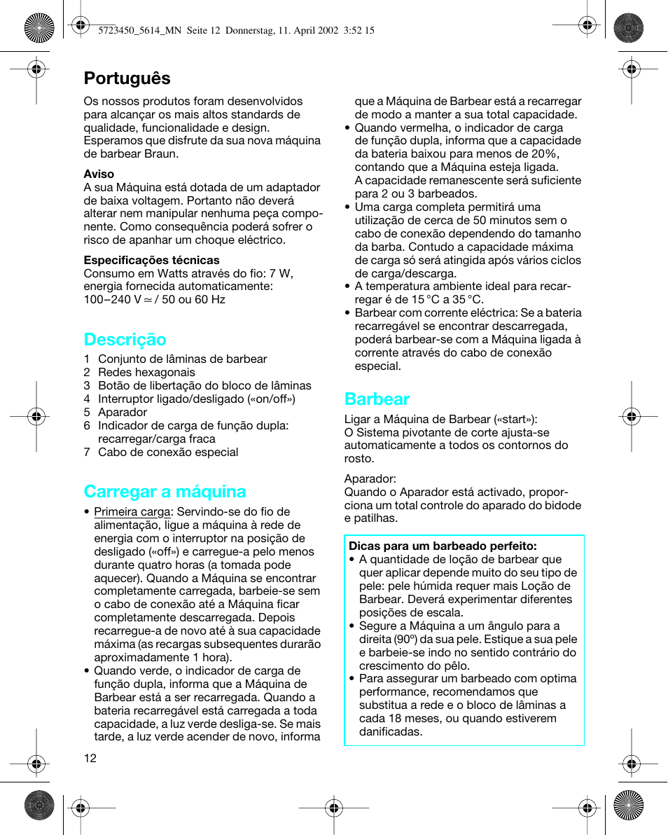 Português, Descrição, Carregar a máquina | Barbear | Braun 5614 Flex XP User Manual | Page 12 / 38