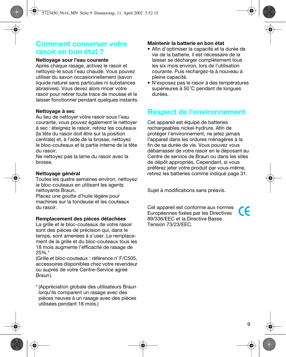 Comment conserver votre rasoir en bon état, Respect de l'environnement | Braun 5614 Flex XP User Manual | Page 9 / 38