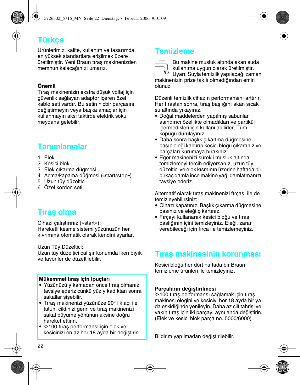 Tan∂mlamalar, T∂raµ olma, Temizleme | T∂raµ makinesinin korunmas, Türkçe | Braun 5716 Flex XP II User Manual | Page 22 / 28