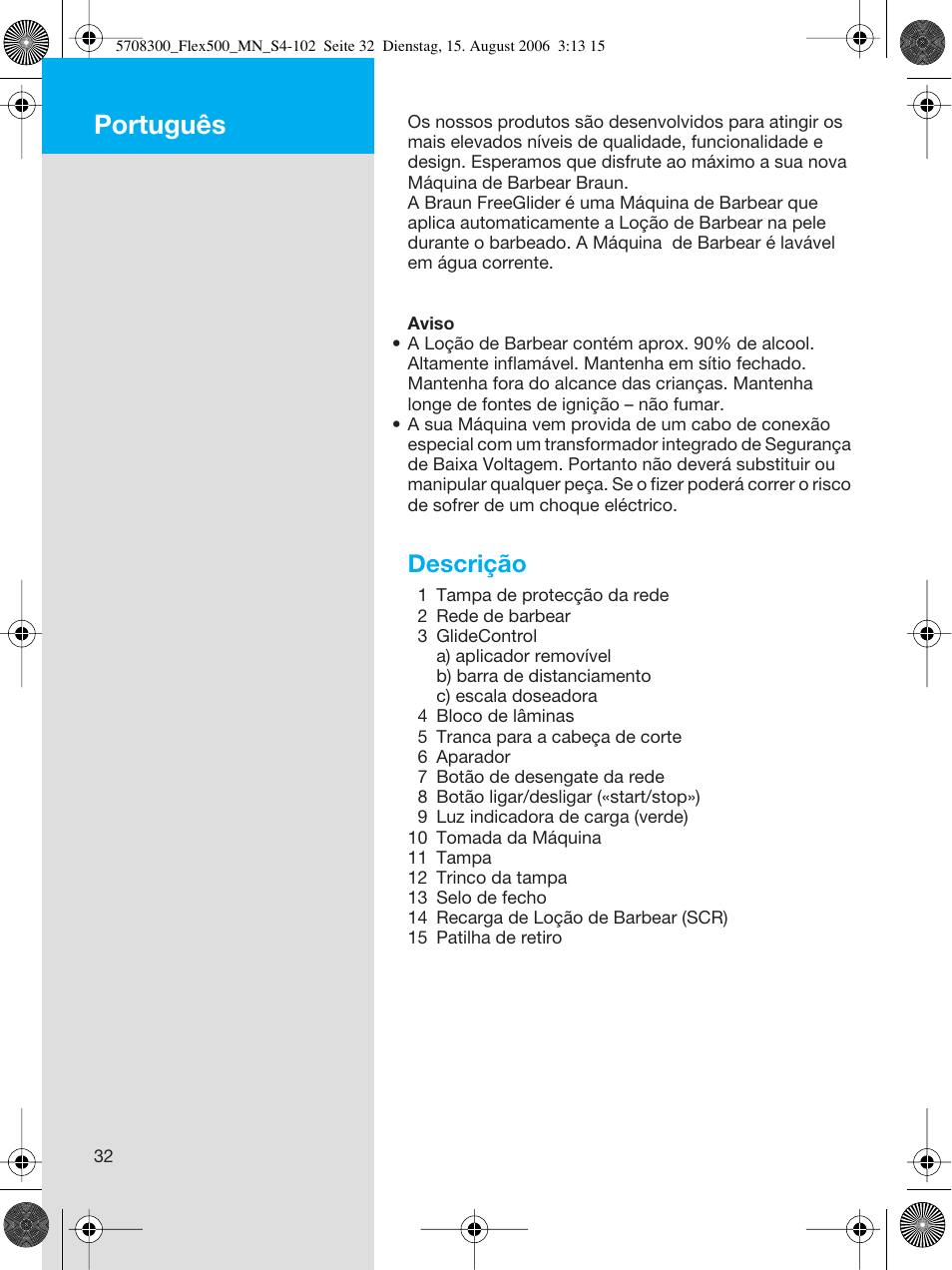 Português, Descrição | Braun 6610 FreeGlider User Manual | Page 32 / 99