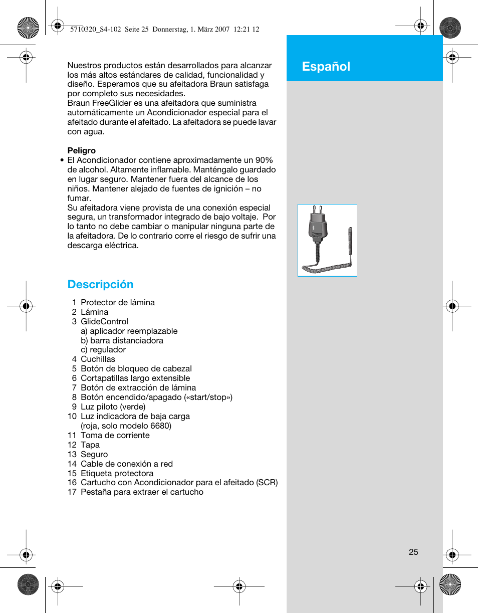 Español, Descripción | Braun 6620 FreeGlider  EU User Manual | Page 25 / 99