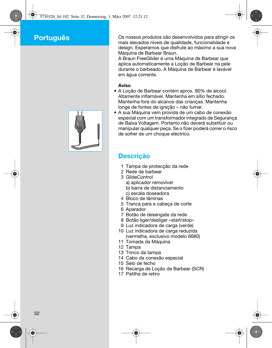 Português, Descrição | Braun 6620 FreeGlider  EU User Manual | Page 32 / 99