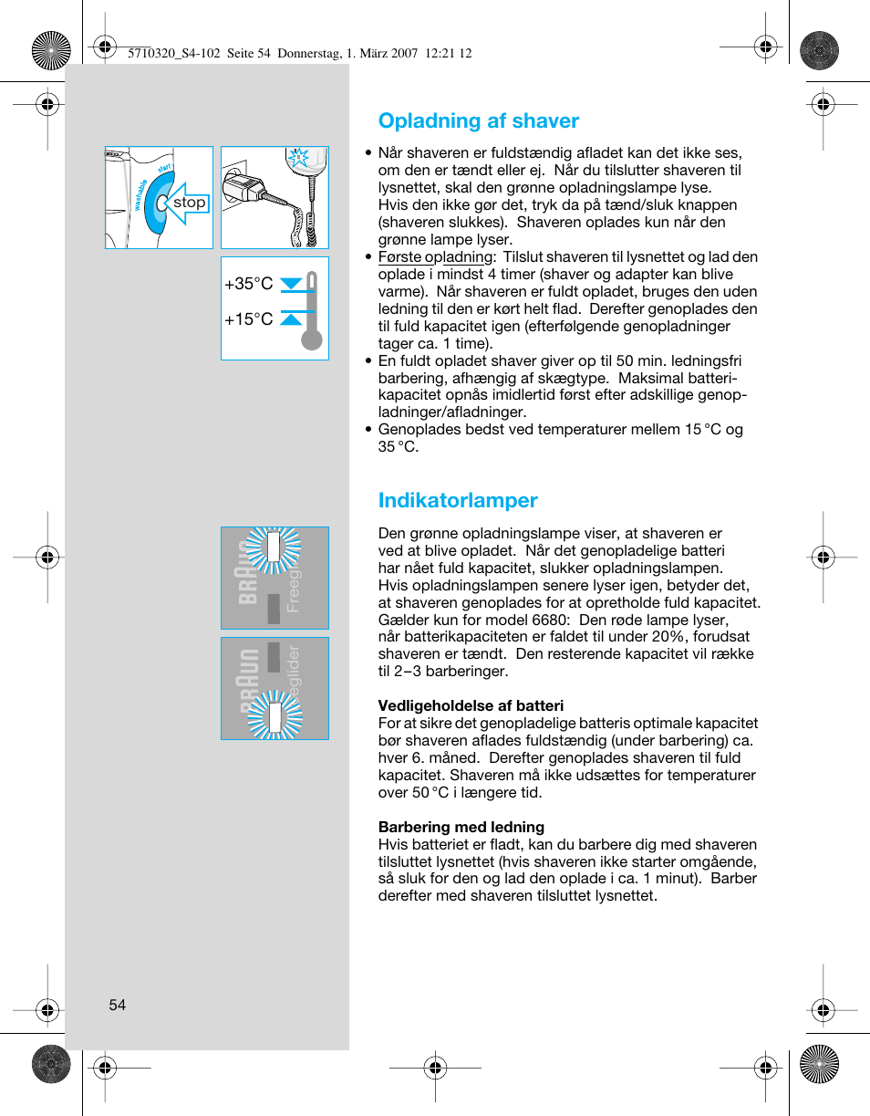 Opladning af shaver, Indikatorlamper | Braun 6620 FreeGlider  EU User Manual | Page 54 / 99