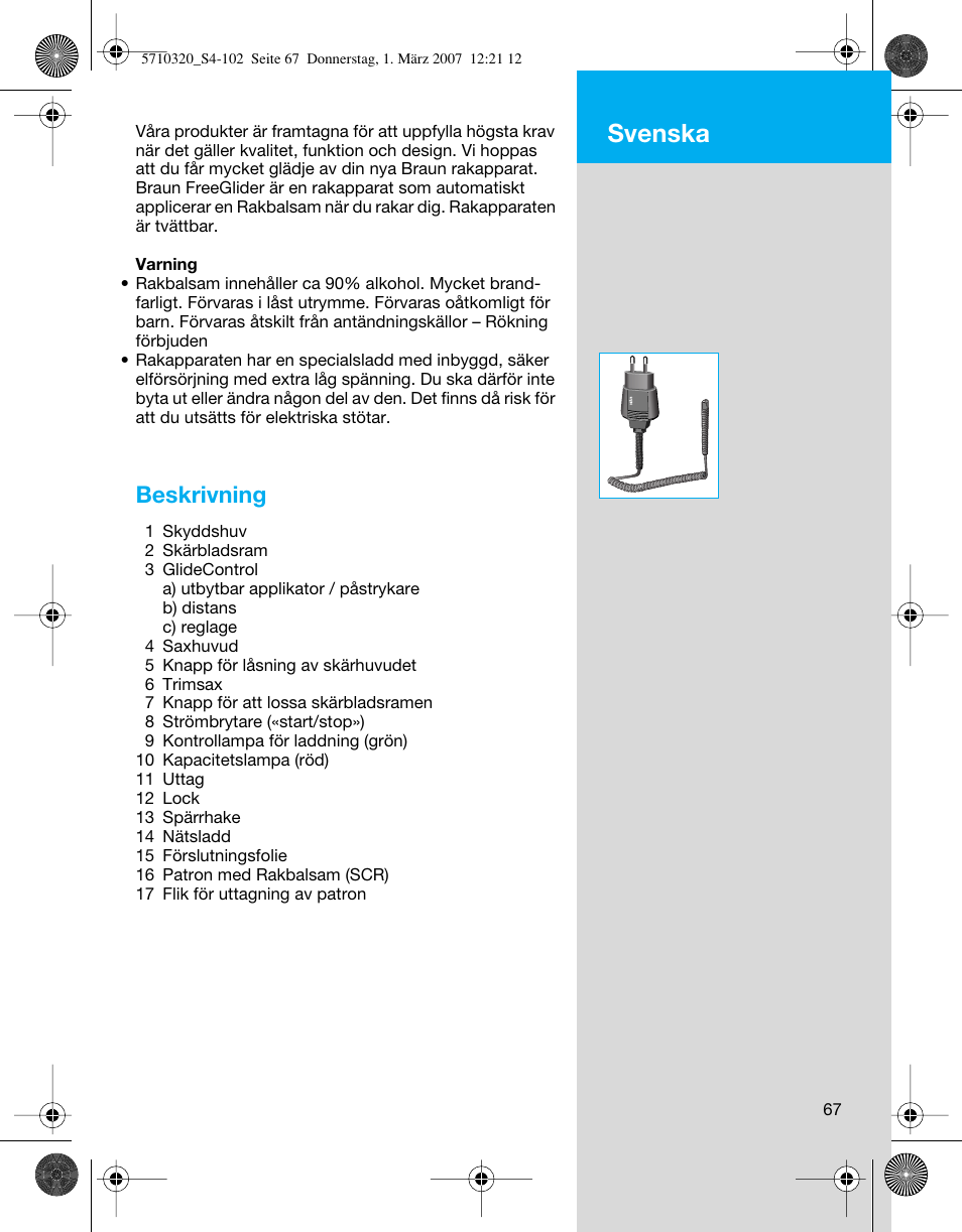 Svenska, Beskrivning | Braun 6620 FreeGlider  EU User Manual | Page 67 / 99