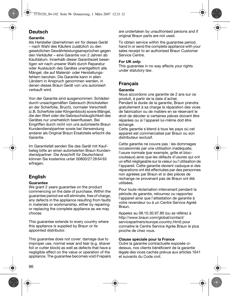 Braun 6620 FreeGlider  EU User Manual | Page 96 / 99