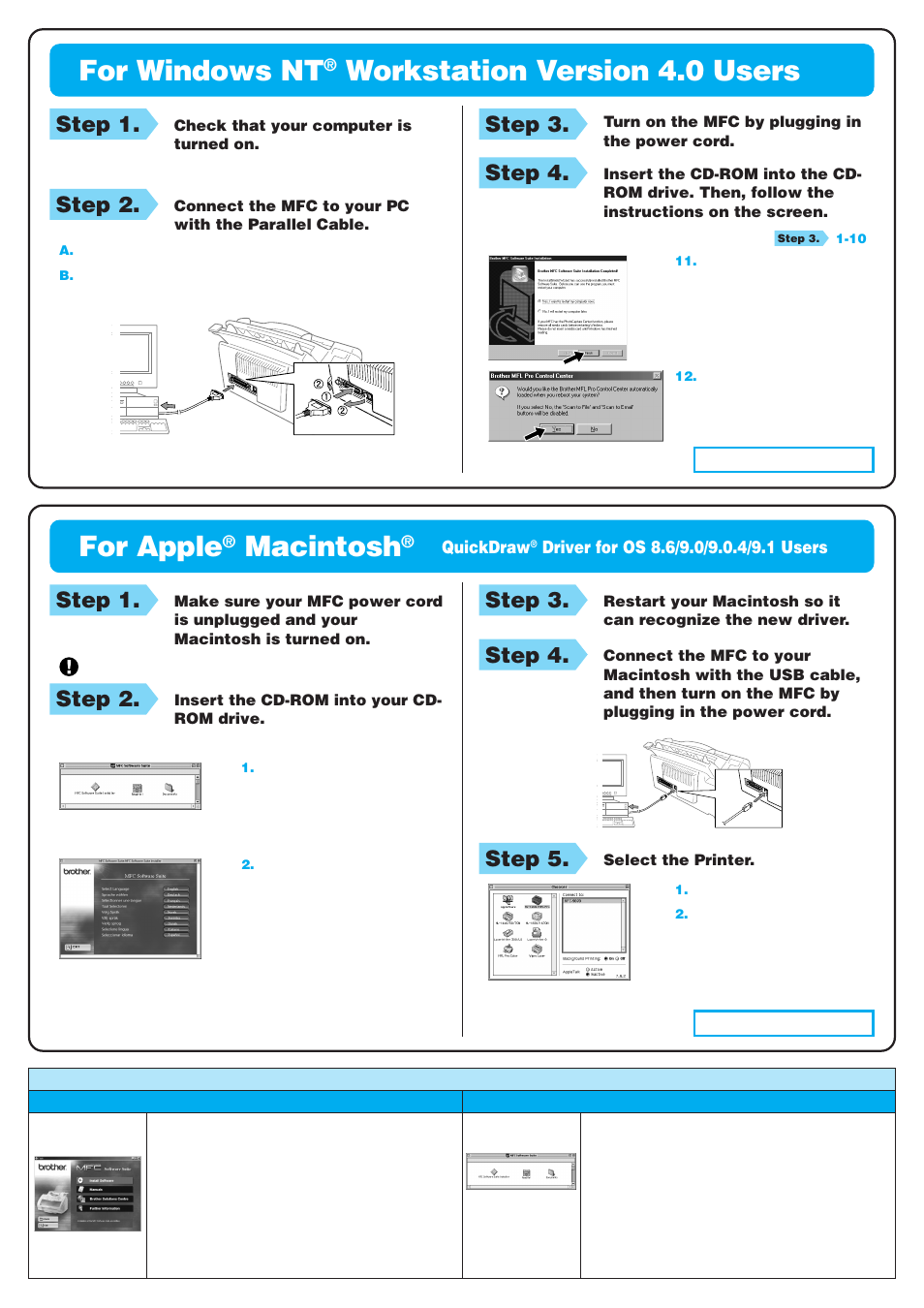 For windows nt, Workstation version 4.0 users, For apple | Macintosh, Step 1, Step 2, Step 3, Step 4, Step 5, Quickdraw | Brother MFC-9030 User Manual | Page 4 / 4