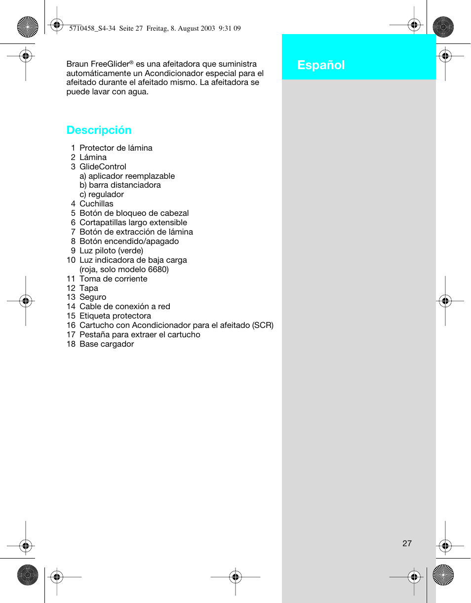 Español, Descripción | Braun 6690 FreeGlider User Manual | Page 27 / 34